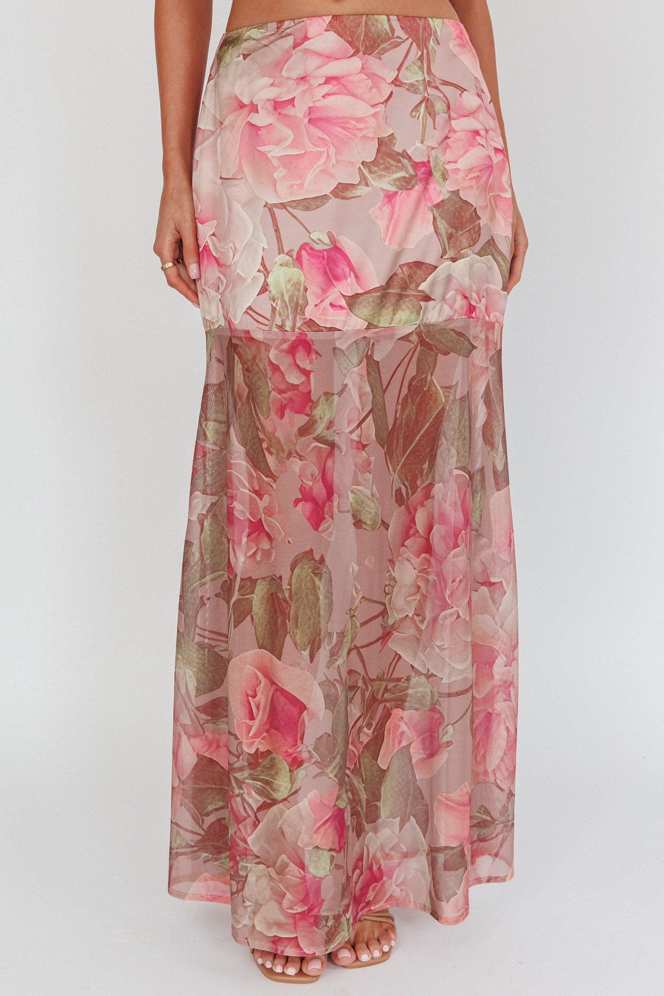 Sunset High Sheer Hem Maxi Skirt Floral Blush by Selfie Leslie Australia