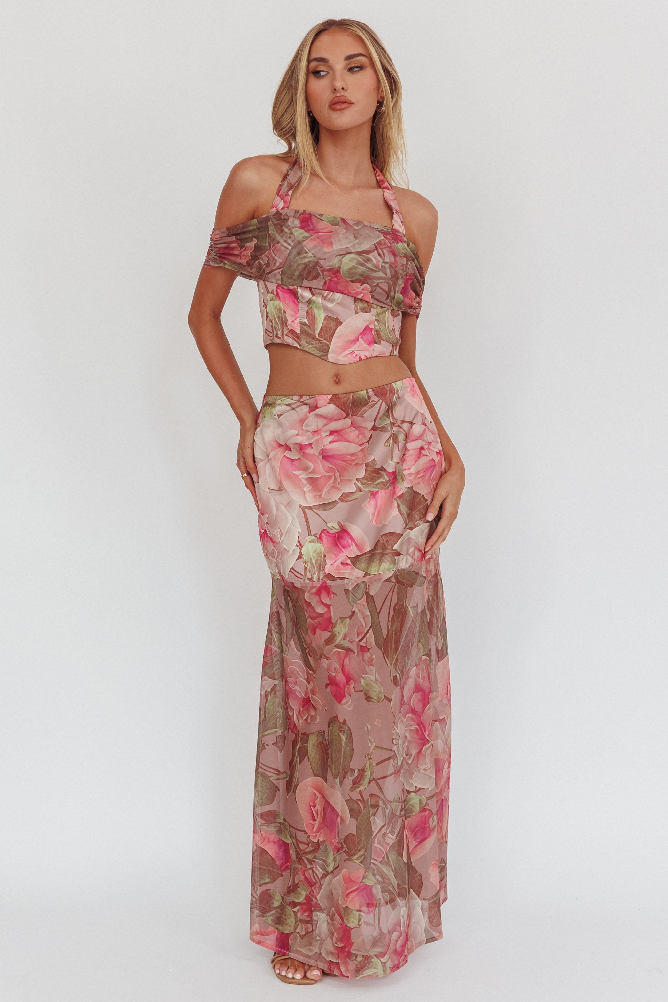 Sunset High Sheer Hem Maxi Skirt Floral Blush by Selfie Leslie Australia