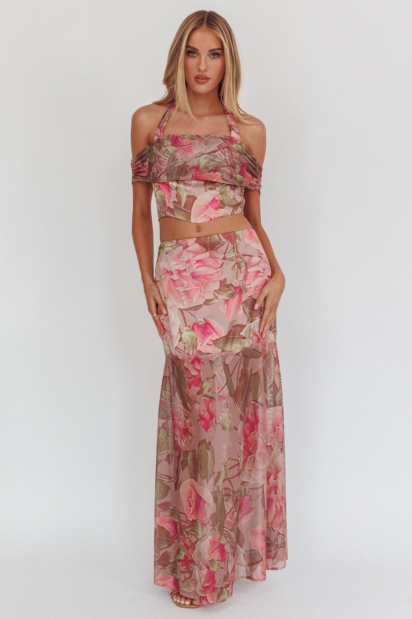 Sunset High Halterneck Crop Top Floral Blush by Selfie Leslie Australia