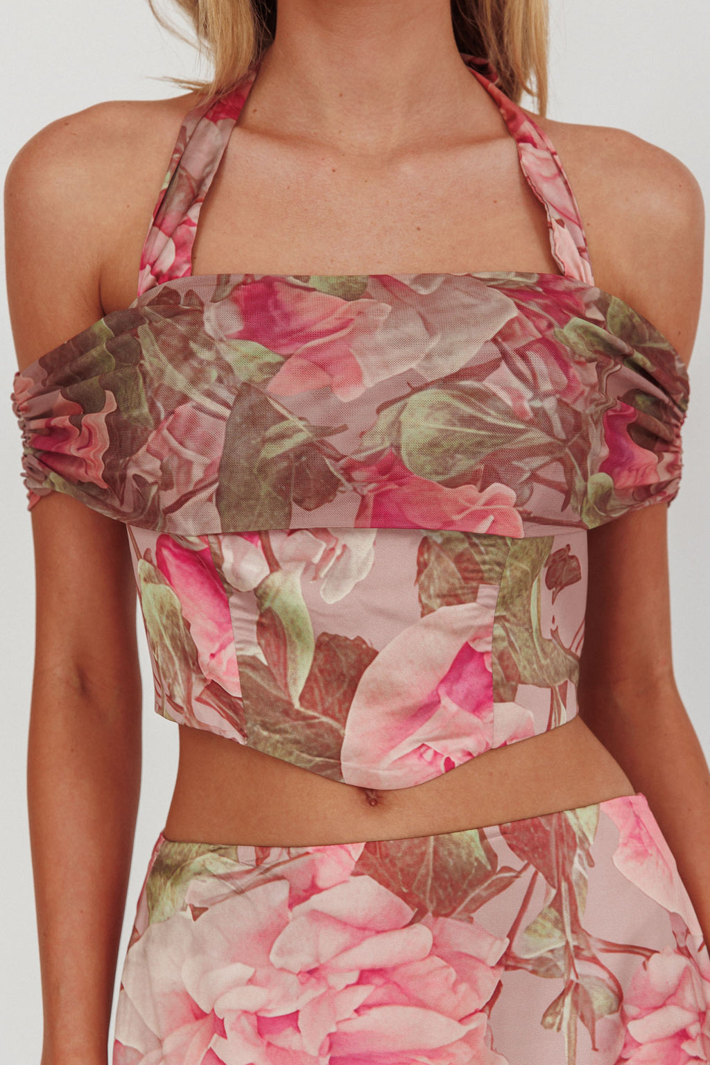 Sunset High Halterneck Crop Top Floral Blush by Selfie Leslie Australia