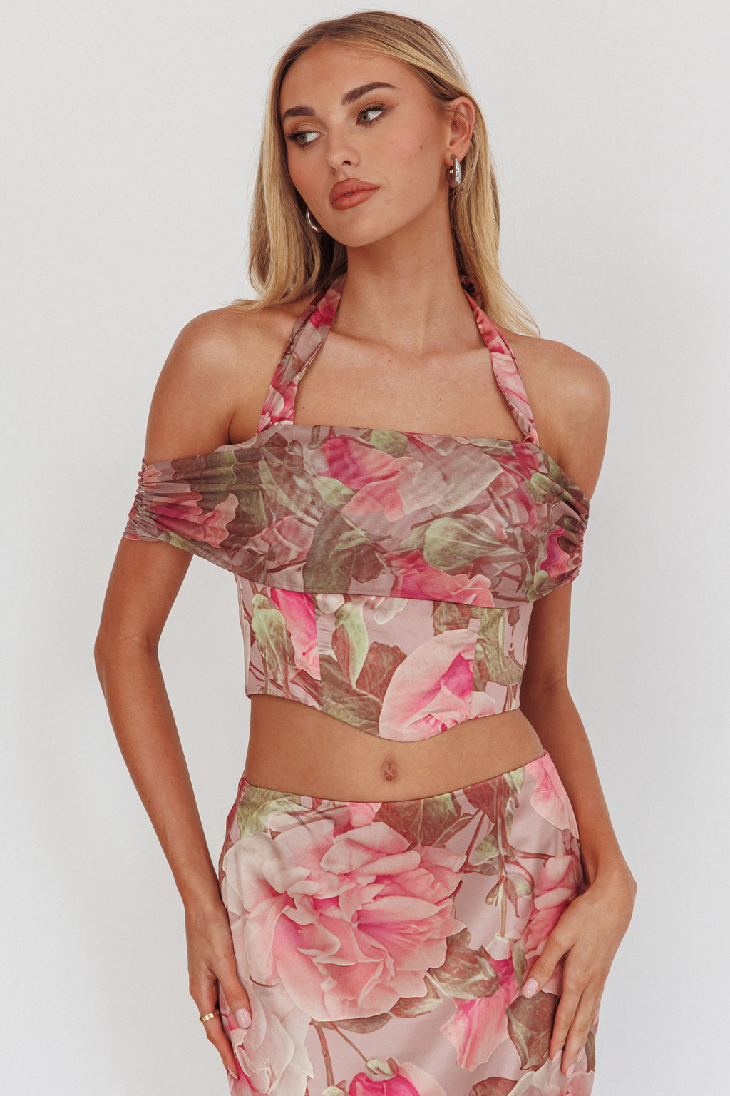 Sunset High Halterneck Crop Top Floral Blush by Selfie Leslie Australia