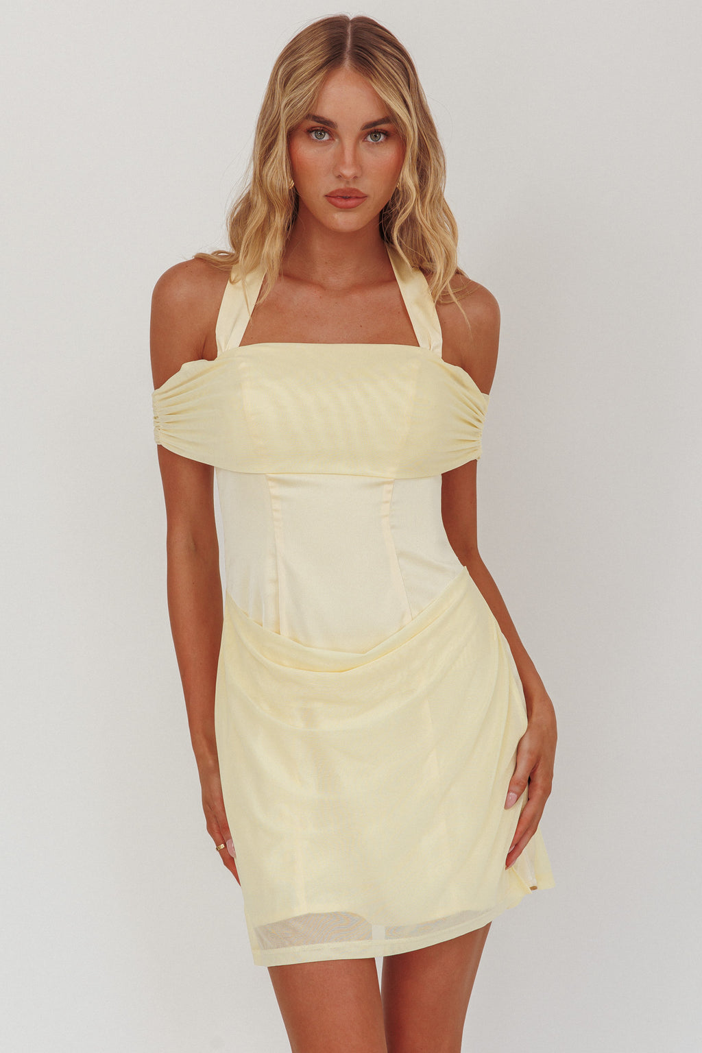 Matias Off-Shoulder Sleeve Halter Mini Dress Butter by Selfie Leslie Australia