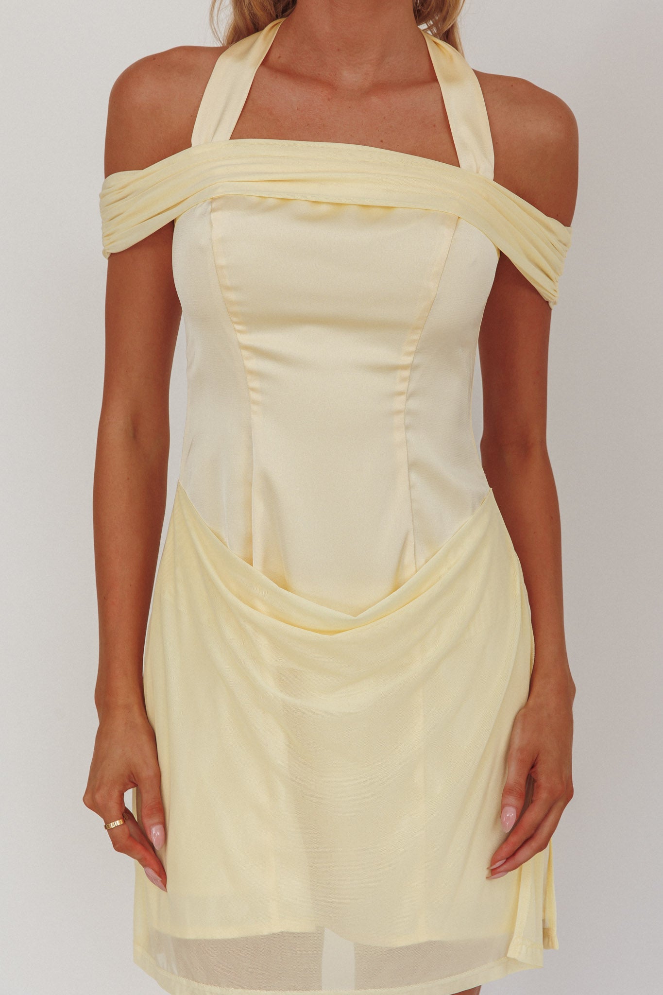 Matias Off-Shoulder Sleeve Halter Mini Dress Butter by Selfie Leslie Australia