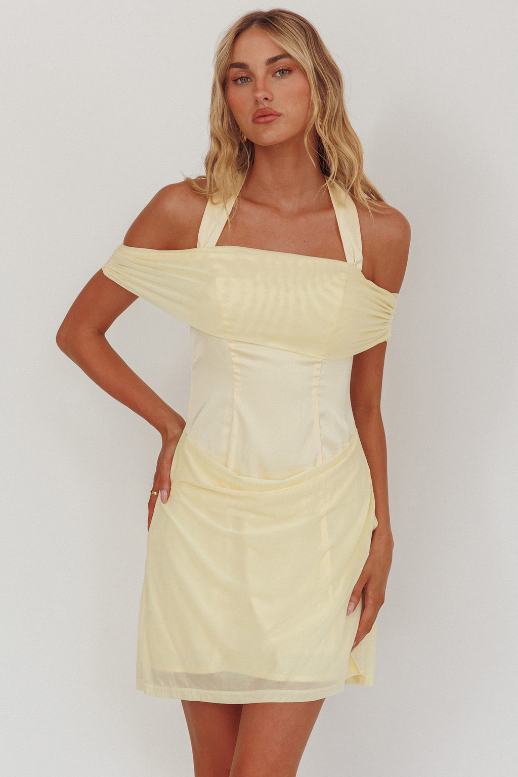 Matias Off-Shoulder Sleeve Halter Mini Dress Butter by Selfie Leslie Australia
