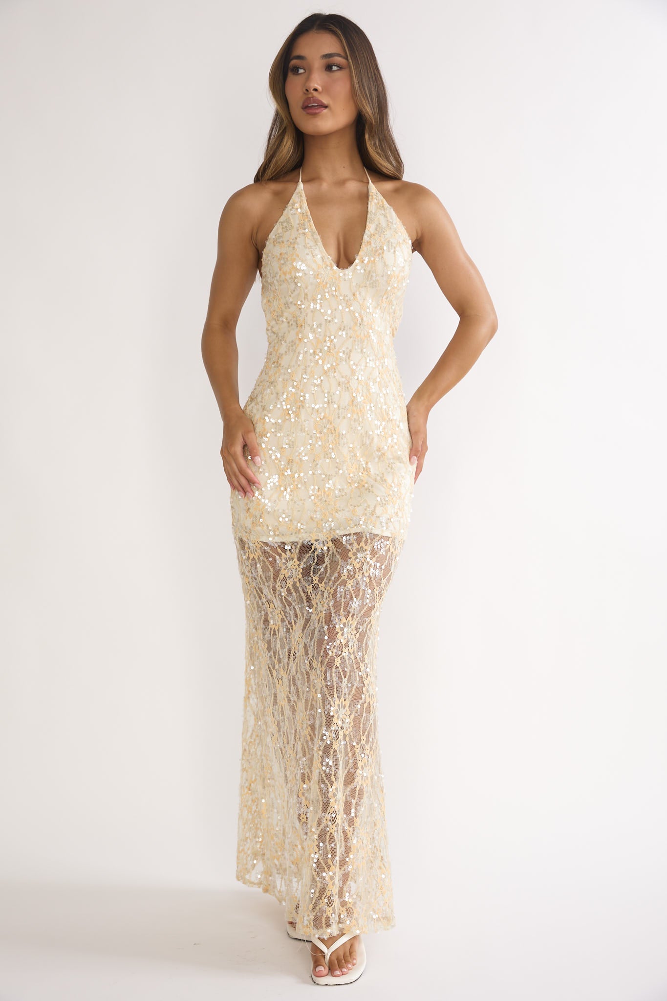 One Night Halterneck Maxi Dress Sequin Butter by Selfie Leslie Australia