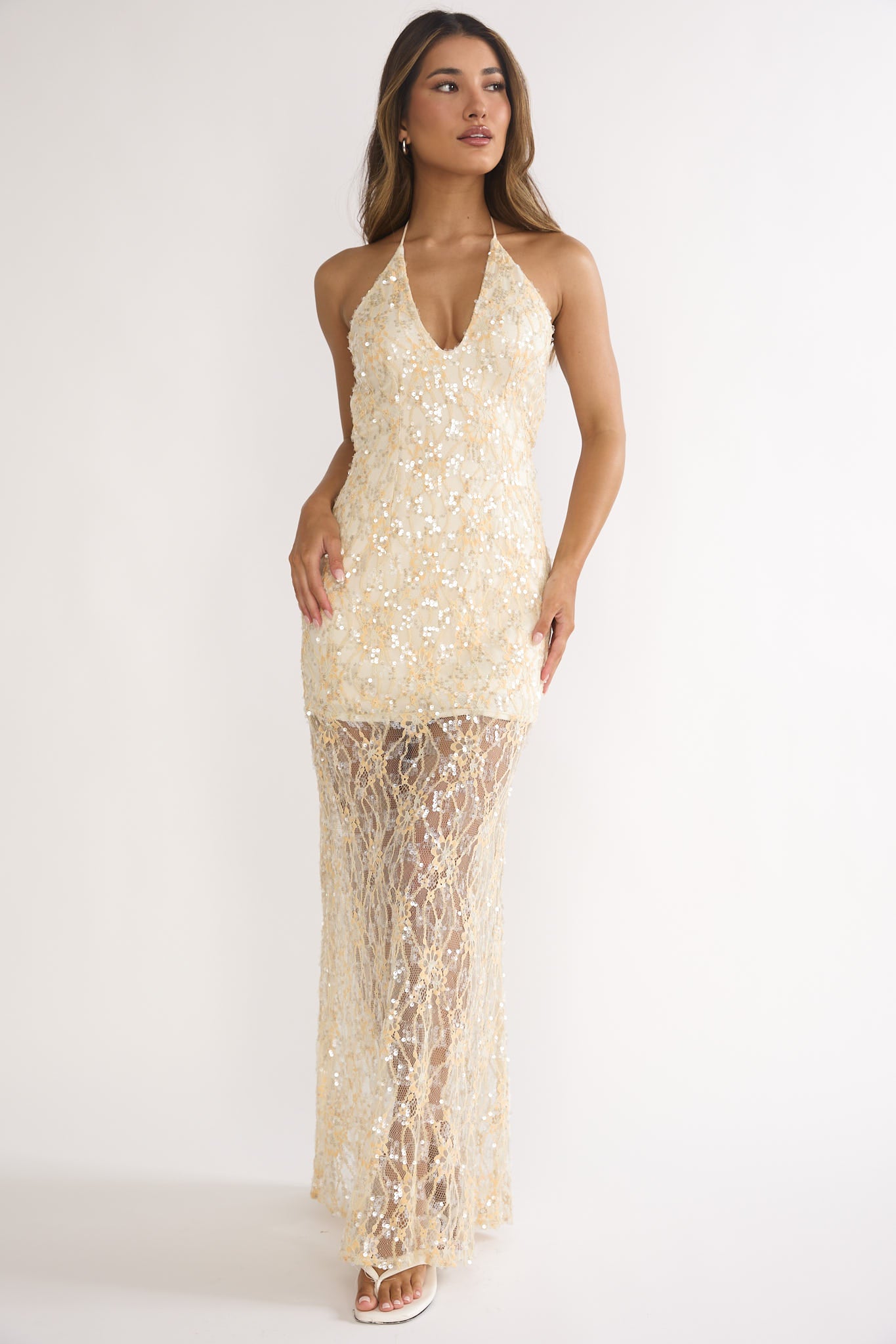 One Night Halterneck Maxi Dress Sequin Butter by Selfie Leslie Australia