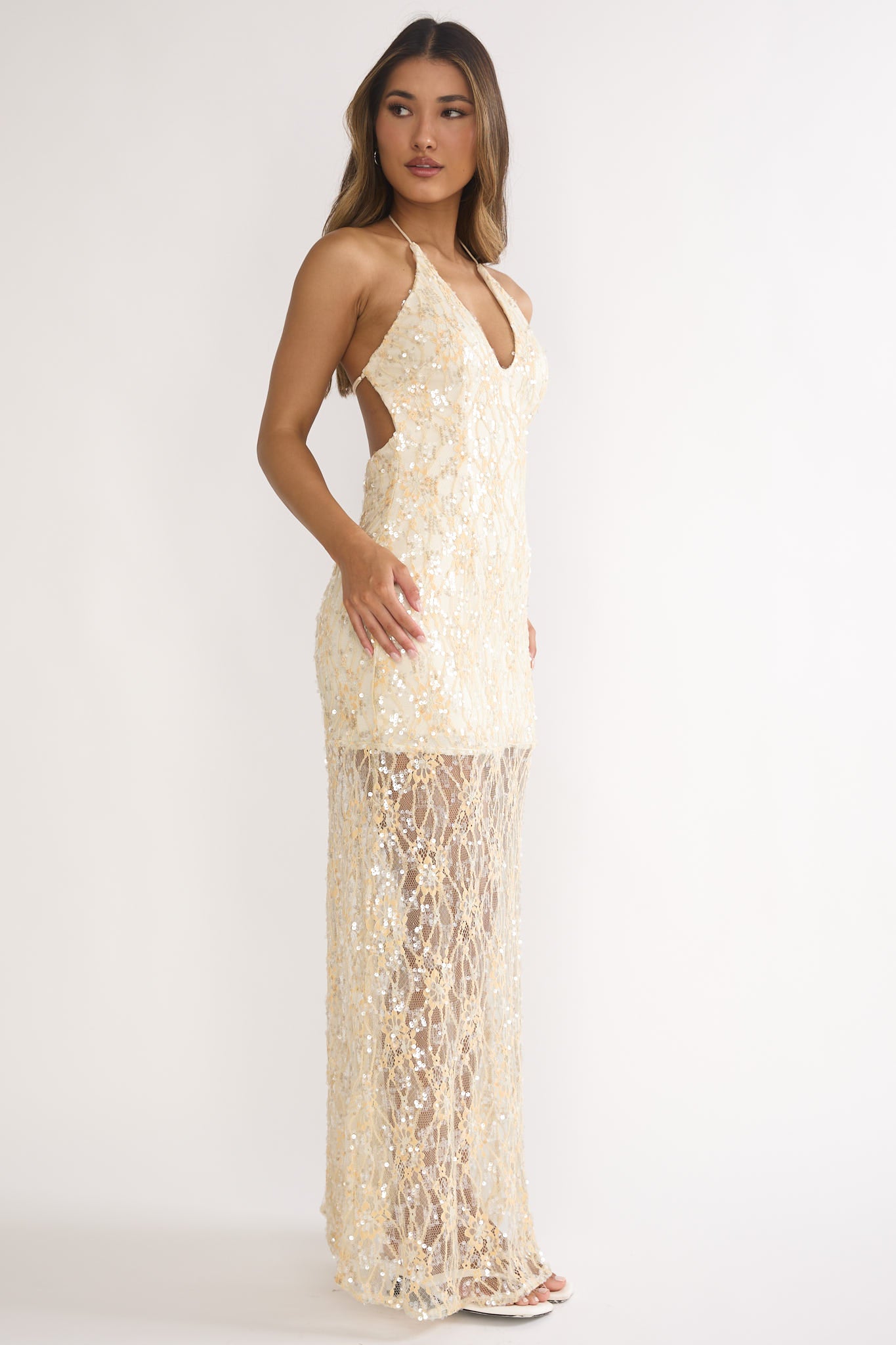 One Night Halterneck Maxi Dress Sequin Butter by Selfie Leslie Australia