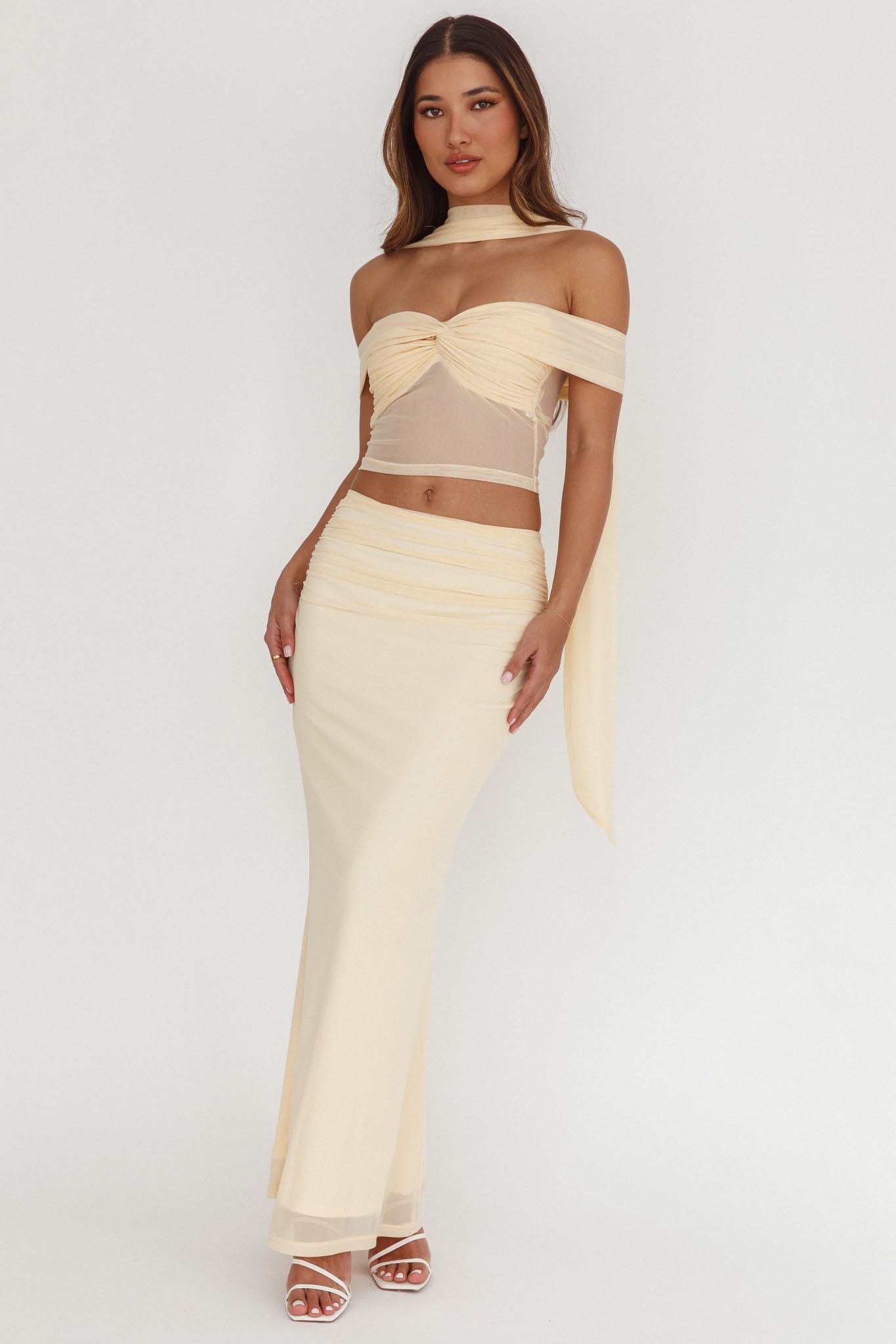 All The Lights Ruched Midi Skirt Cream by Selfie Leslie Australia