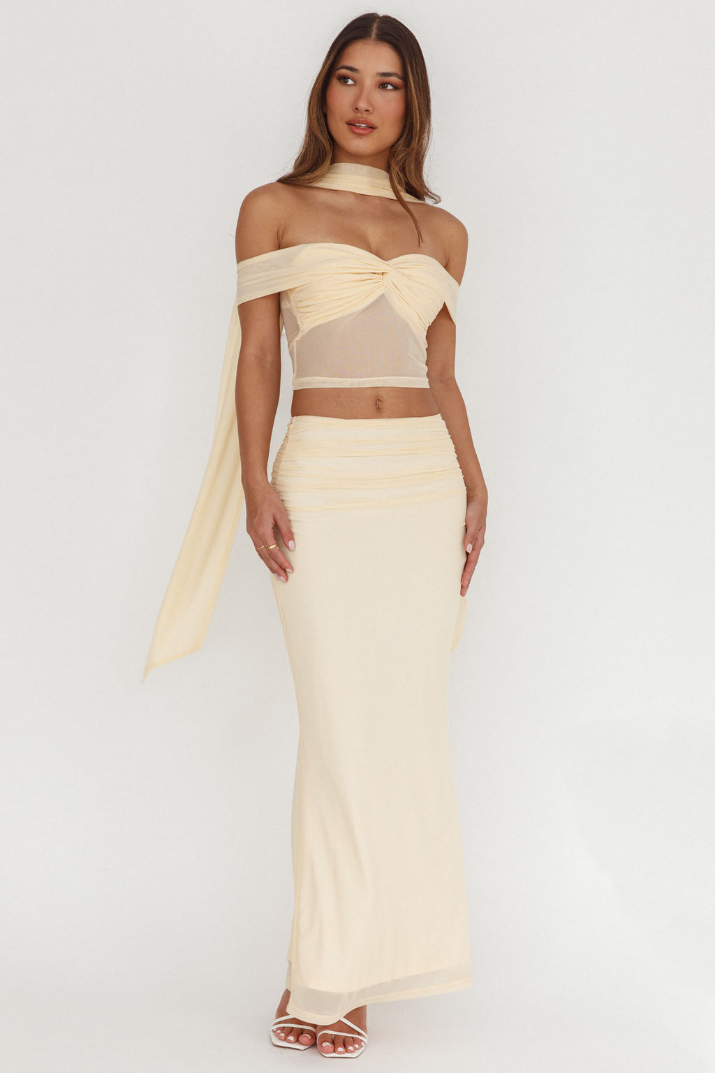 All The Lights Ruched Midi Skirt Cream by Selfie Leslie Australia