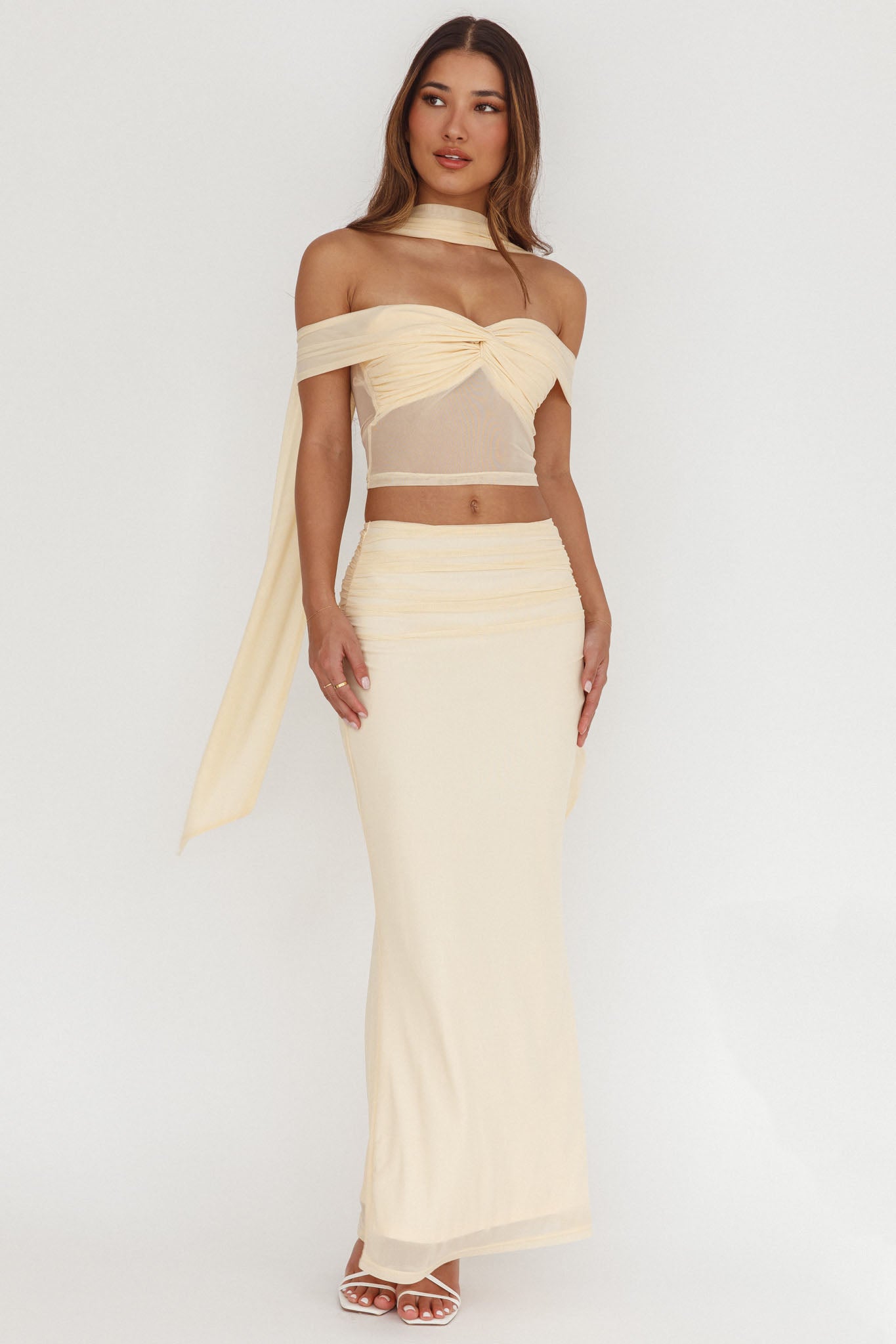 All The Lights Ruched Midi Skirt Cream by Selfie Leslie Australia
