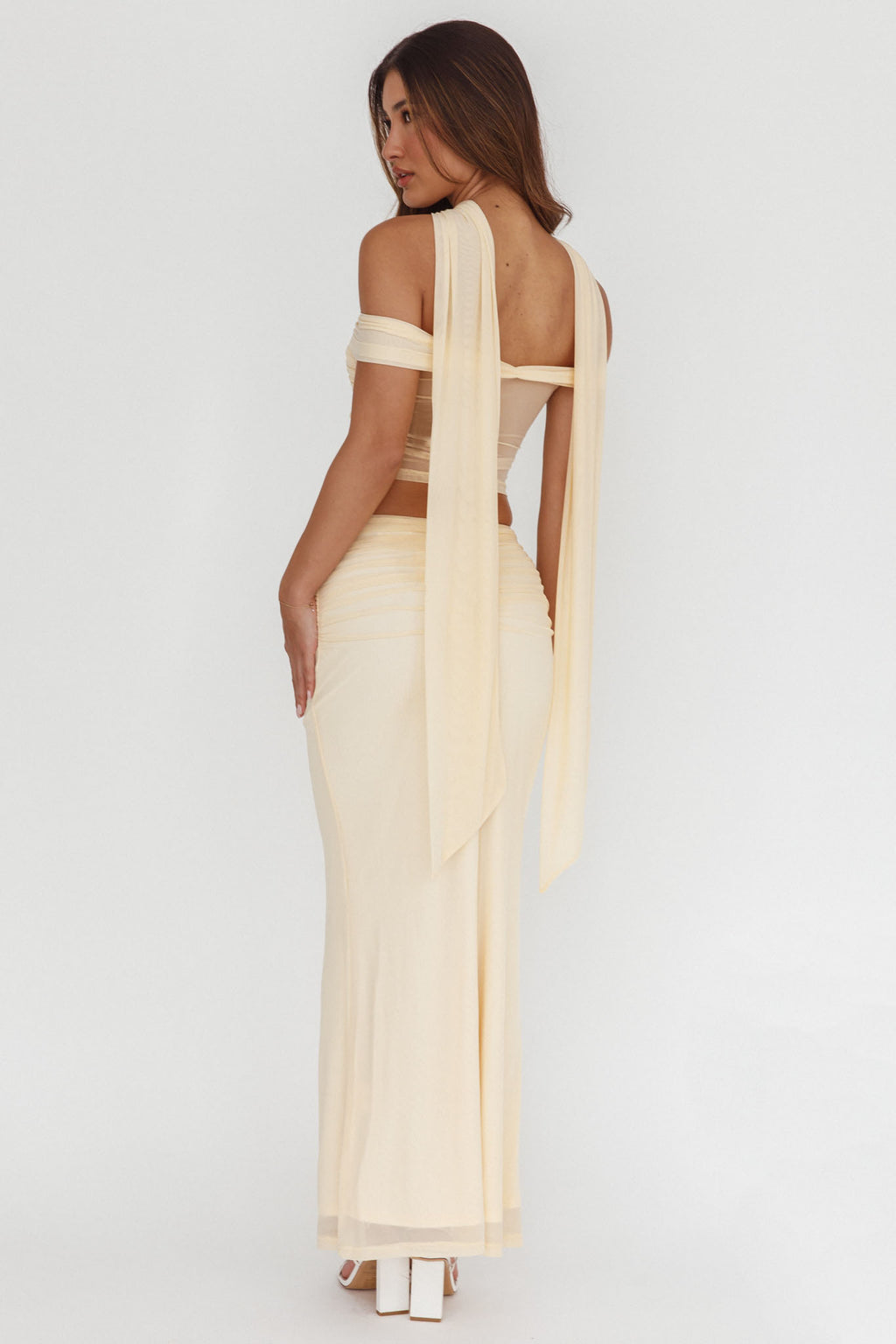 All The Lights Ruched Midi Skirt Cream by Selfie Leslie Australia