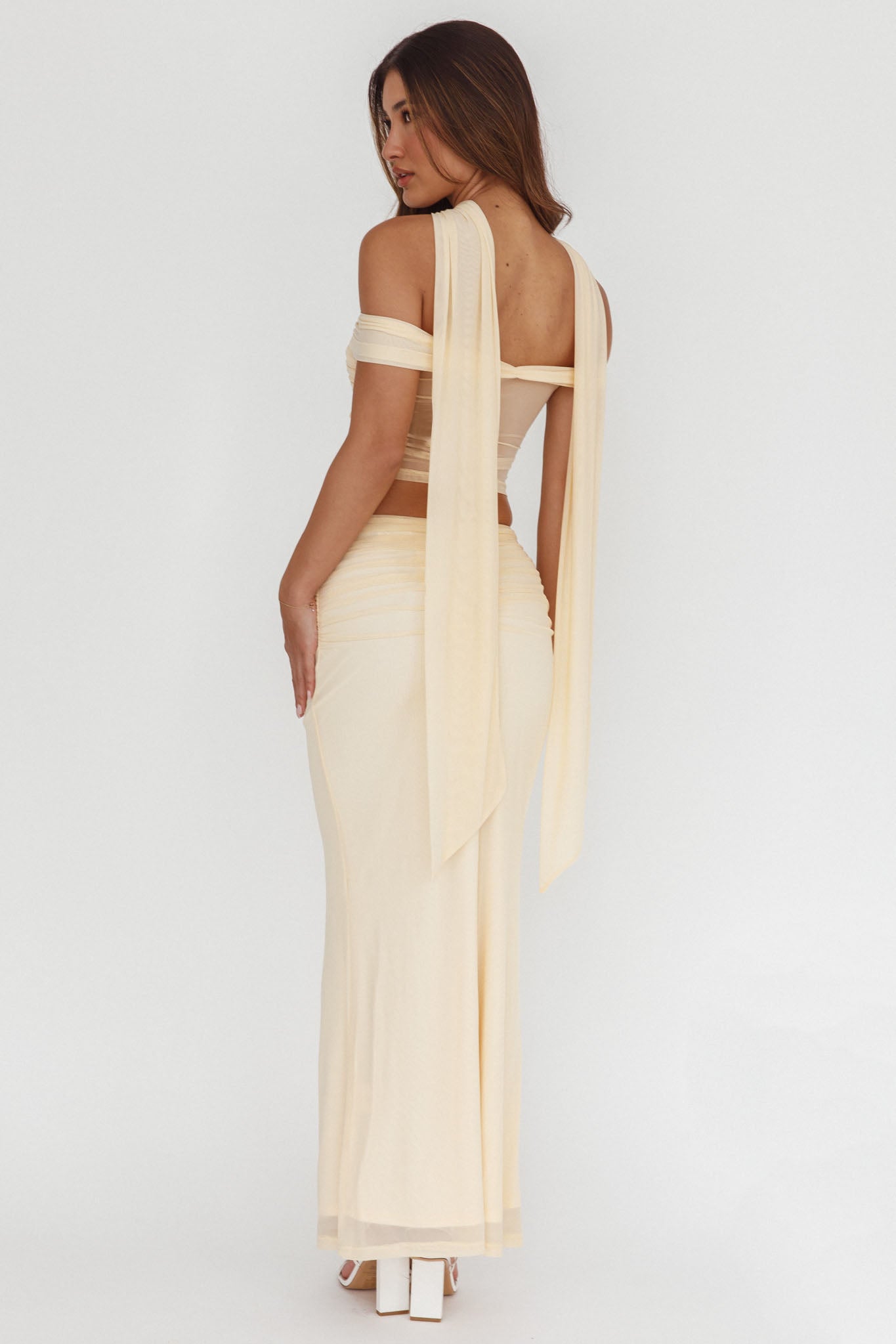 All The Lights Ruched Midi Skirt Cream by Selfie Leslie Australia