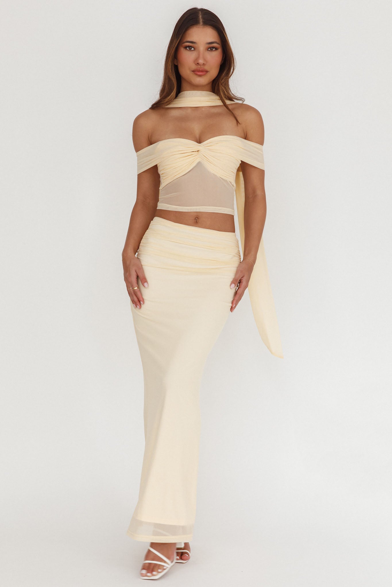 All The Lights Ruched Midi Skirt Cream by Selfie Leslie Australia