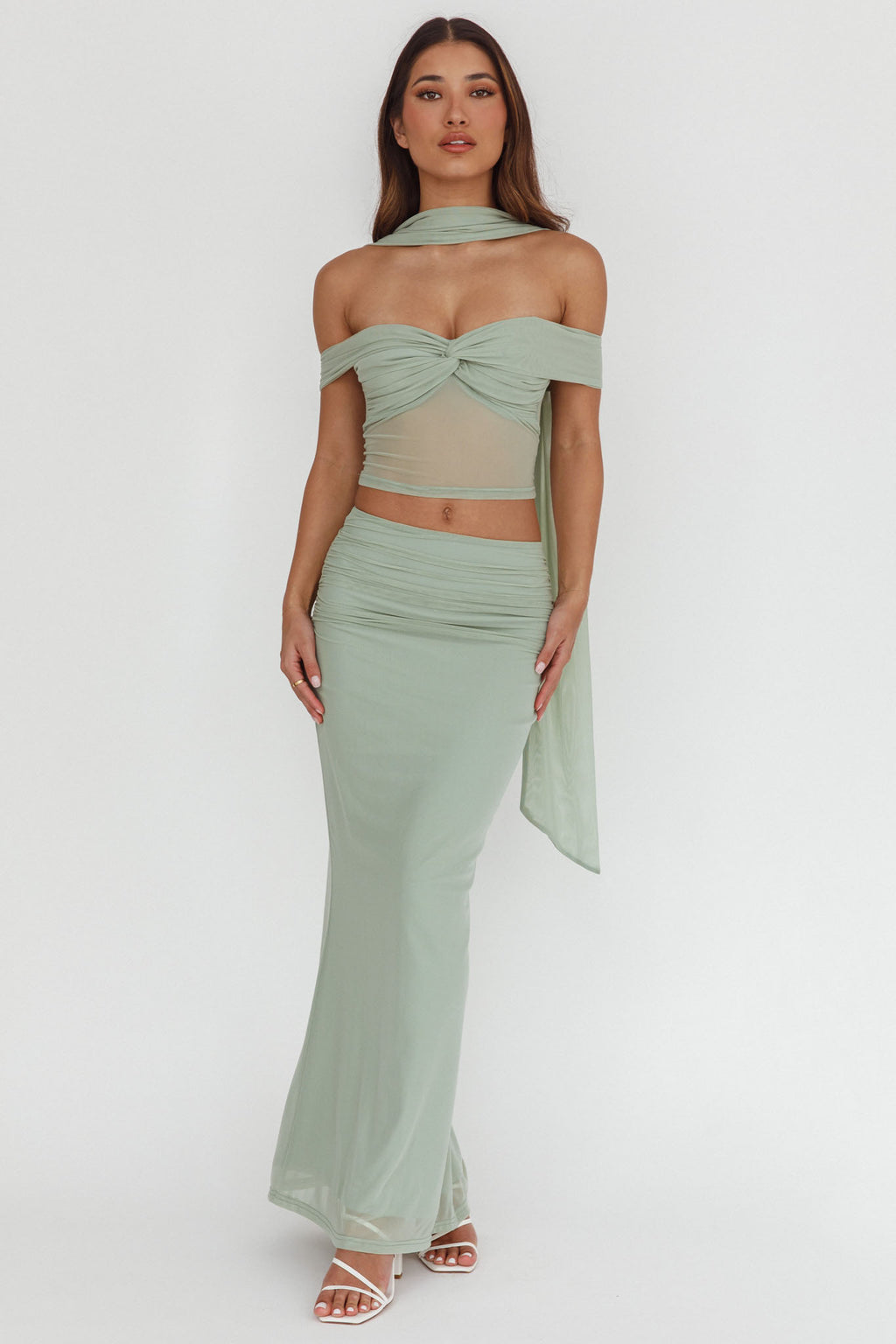 All The Lights Ruched Midi Skirt Sage by Selfie Leslie Australia