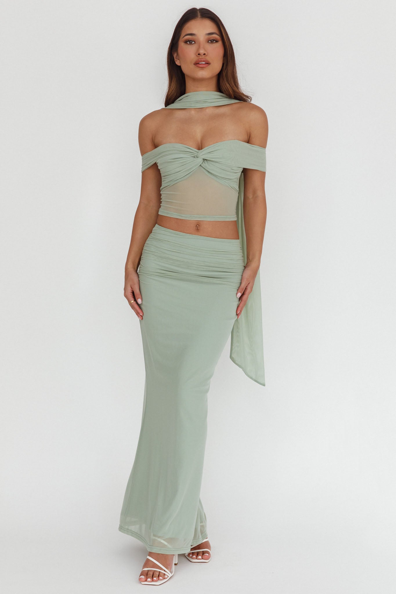 All The Lights Ruched Midi Skirt Sage by Selfie Leslie Australia