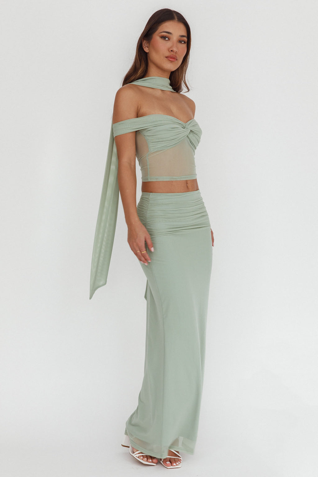All The Lights Ruched Midi Skirt Sage by Selfie Leslie Australia