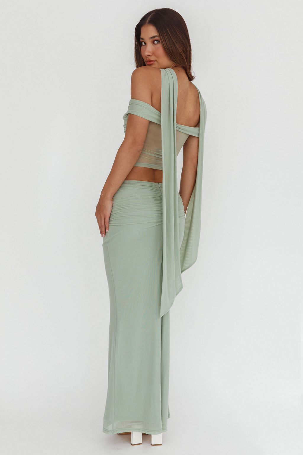 All The Lights Ruched Midi Skirt Sage by Selfie Leslie Australia