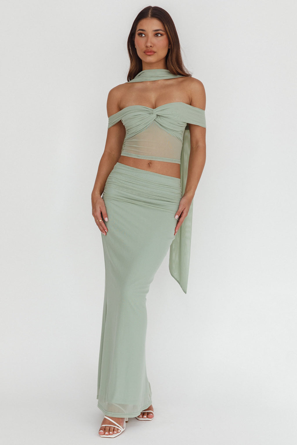 All The Lights Ruched Midi Skirt Sage by Selfie Leslie Australia