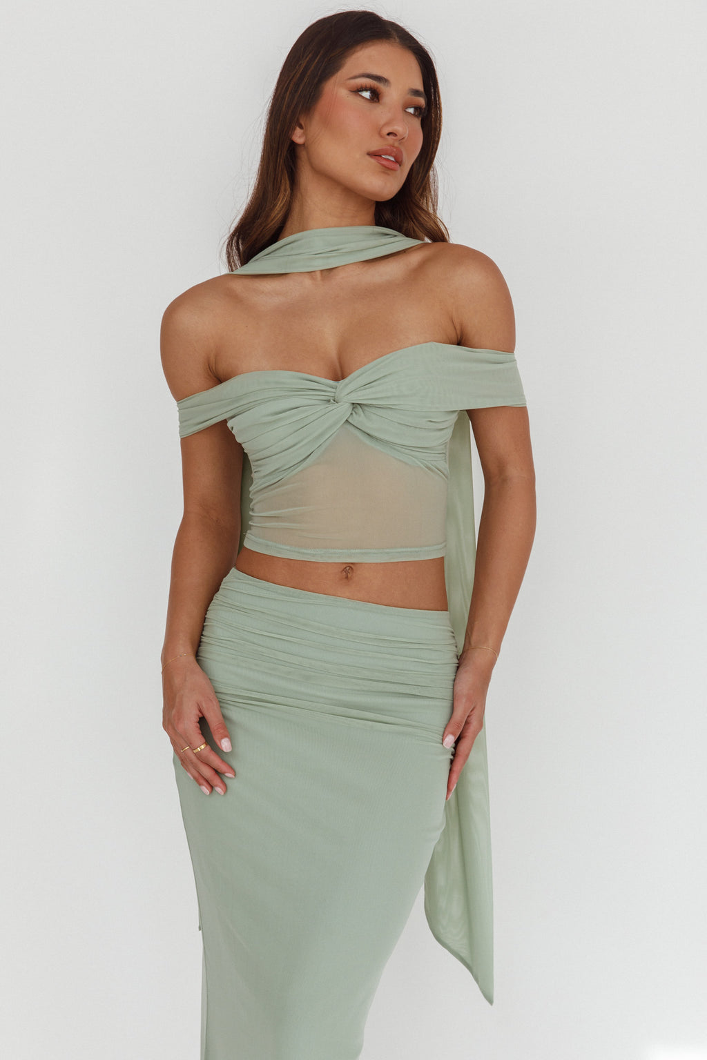 All The Lights Off-Shoulder Crop Top Sage by Selfie Leslie Australia