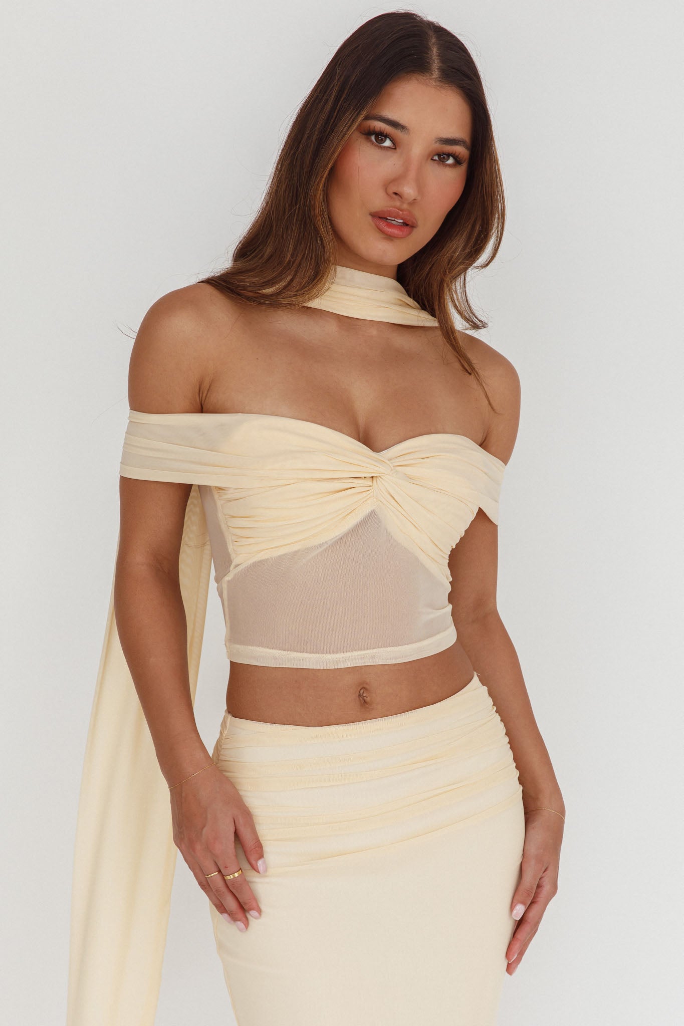 All The Lights Off-Shoulder Crop Top Cream by Selfie Leslie Australia