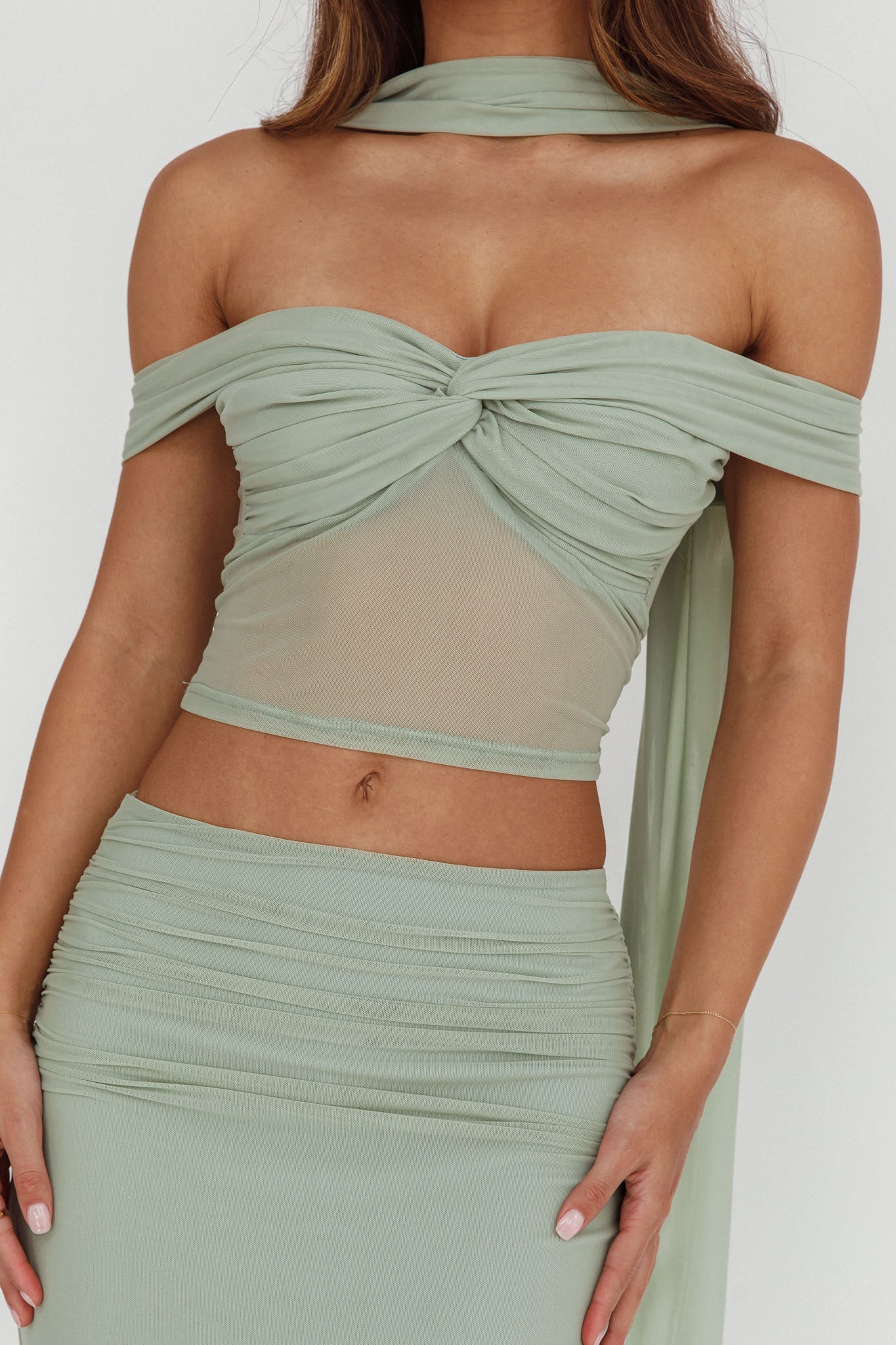 All The Lights Off-Shoulder Crop Top Sage by Selfie Leslie Australia