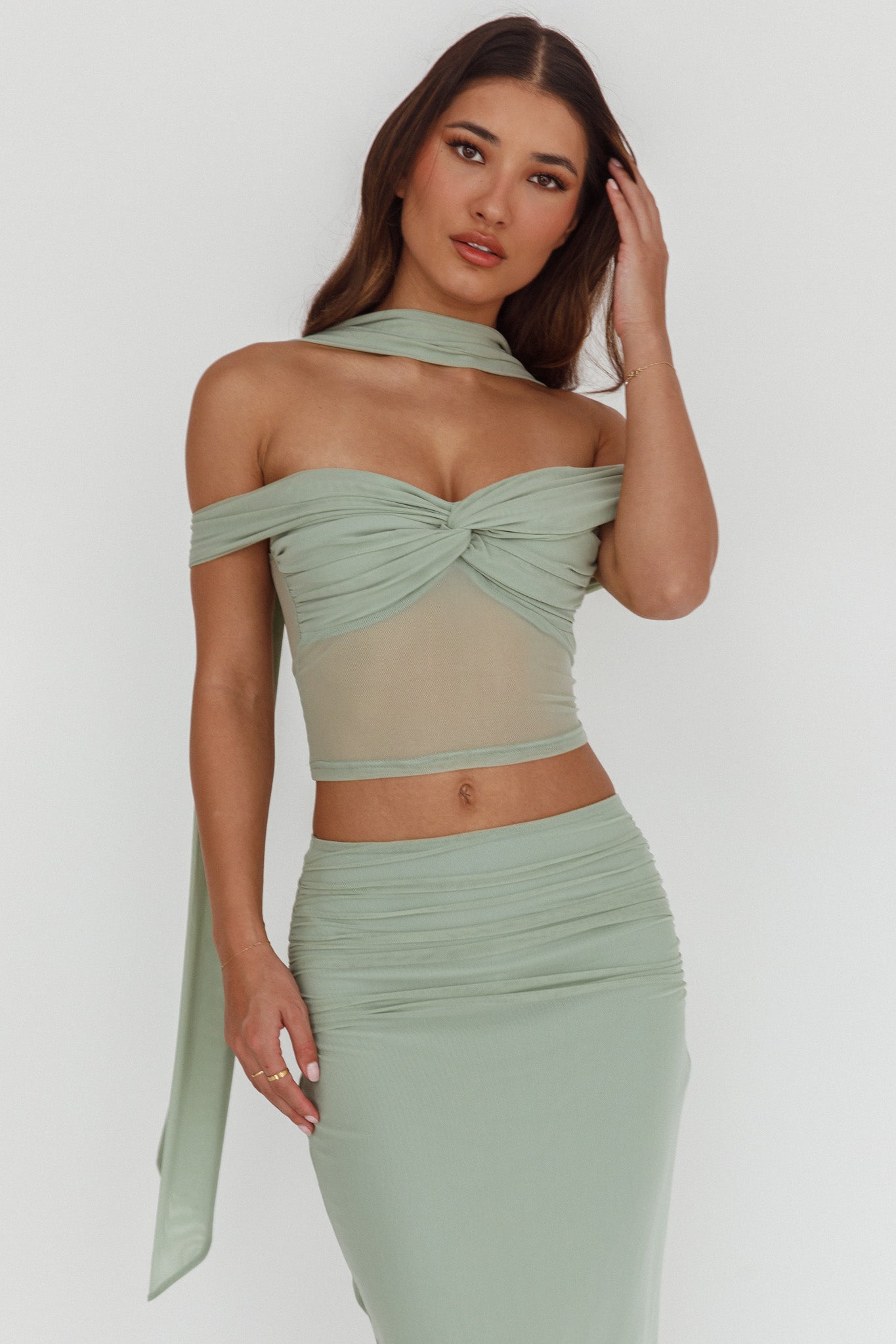 All The Lights Off-Shoulder Crop Top Sage by Selfie Leslie Australia