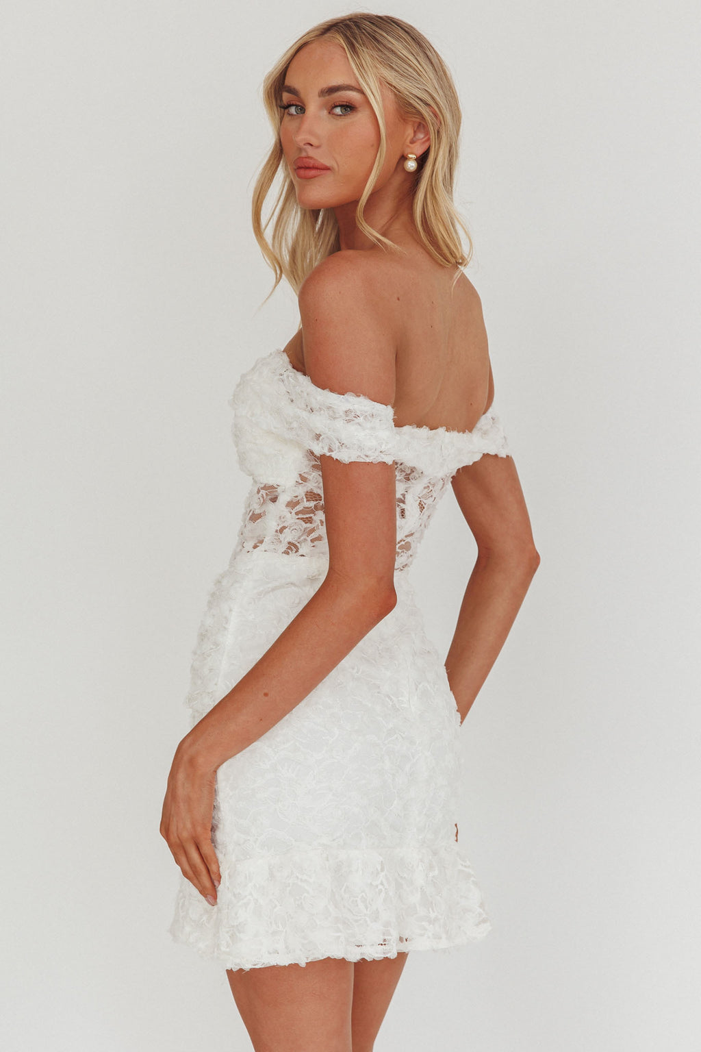 All The Lights Off-Shoulder Lace Mini Dress White by Selfie Leslie Australia