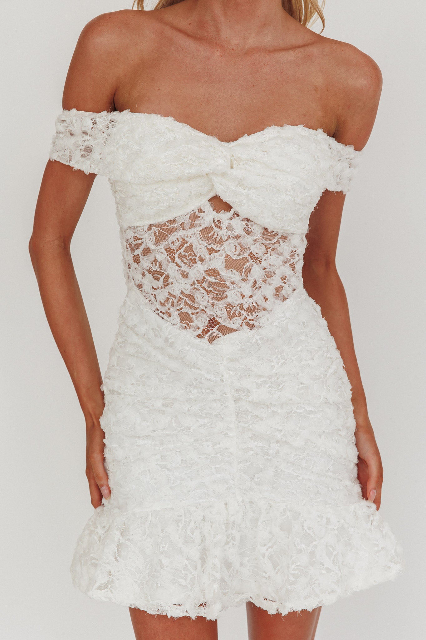 All The Lights Off-Shoulder Lace Mini Dress White by Selfie Leslie Australia