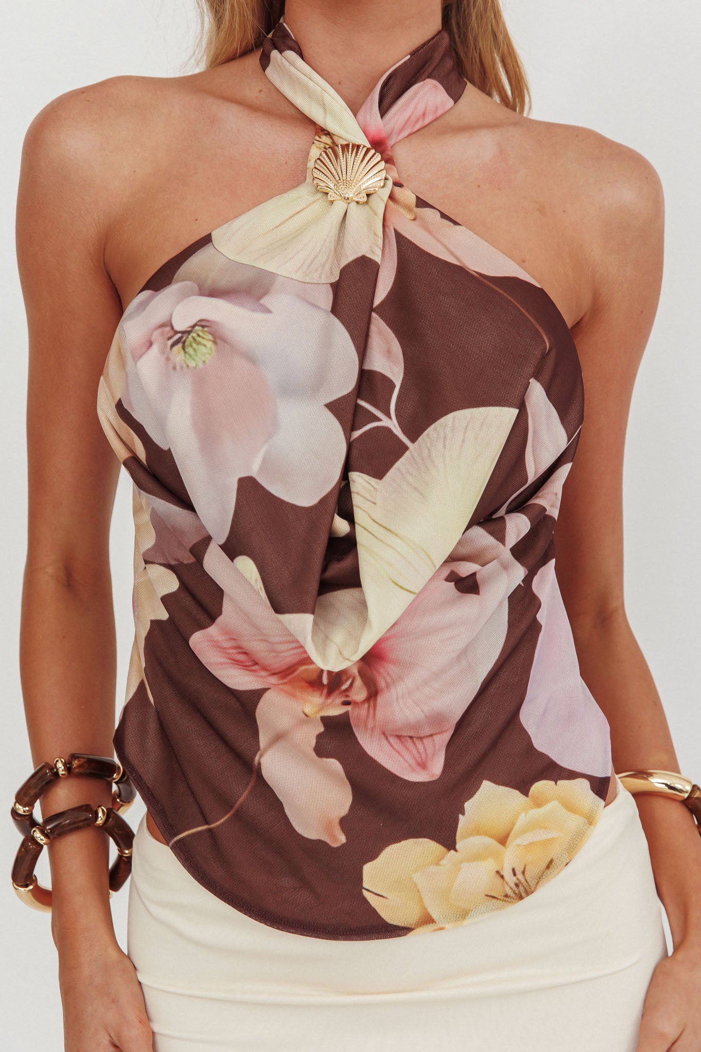 Wisteria Cowl Halterneck Top Floral Brown by Selfie Leslie Australia