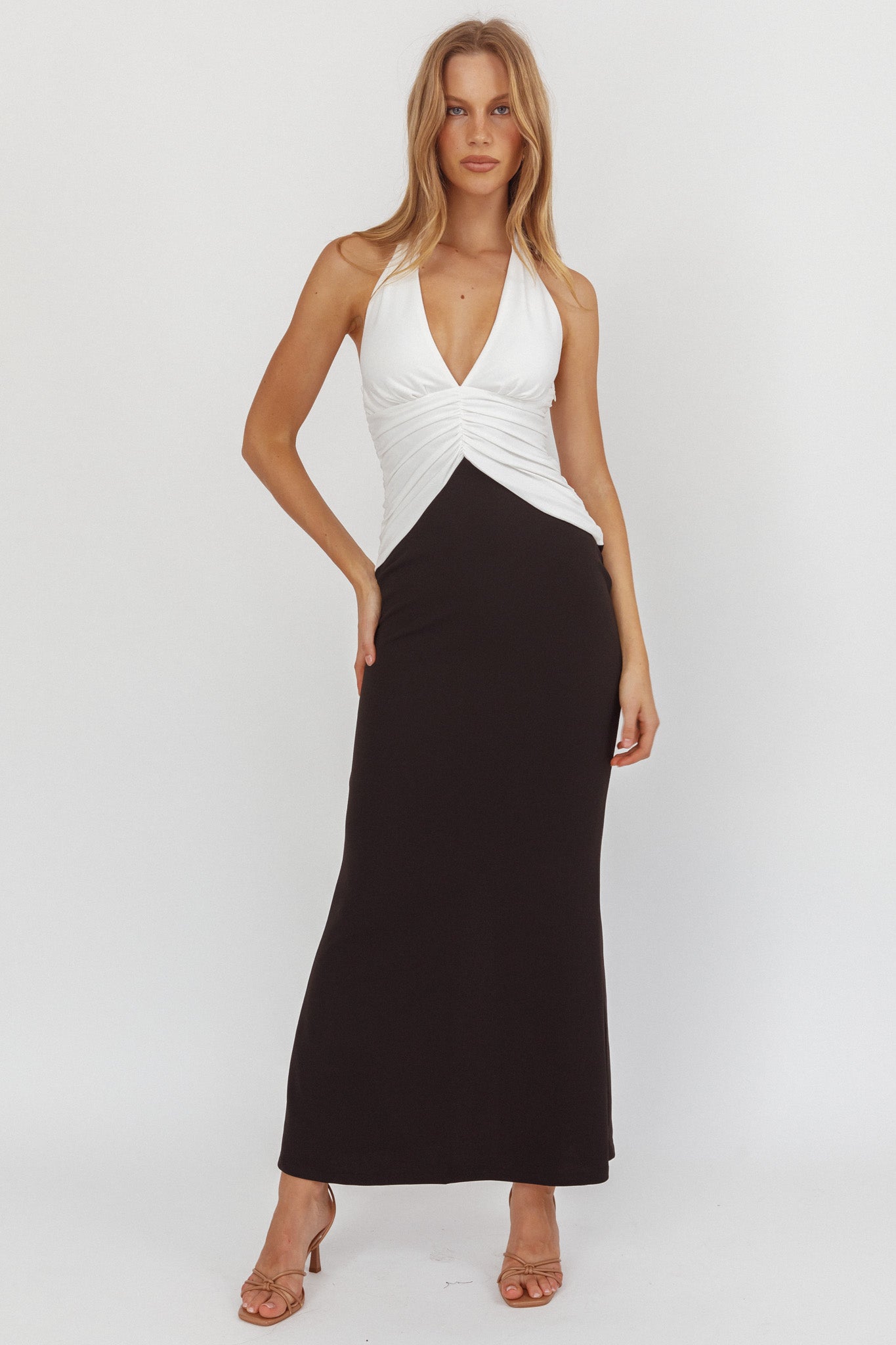 Lala Gathered Waist Maxi Dress White/Black by Selfie Leslie Australia