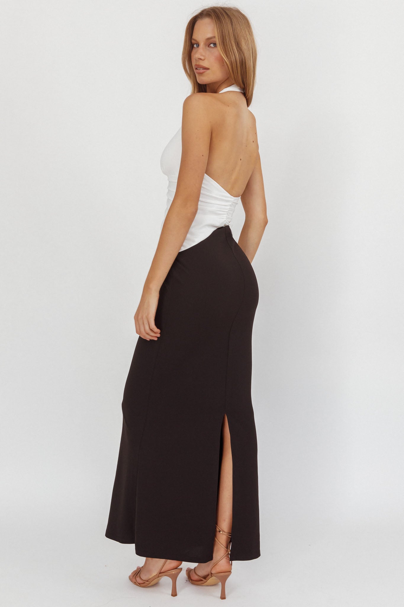 Lala Gathered Waist Maxi Dress White/Black by Selfie Leslie Australia