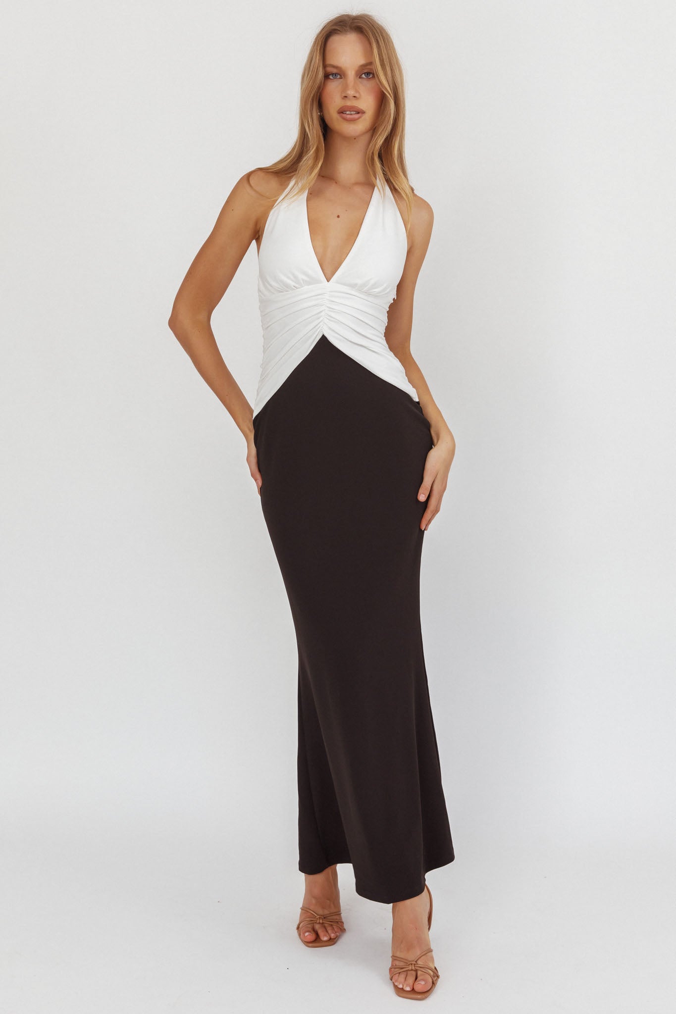 Lala Gathered Waist Maxi Dress White/Black by Selfie Leslie Australia