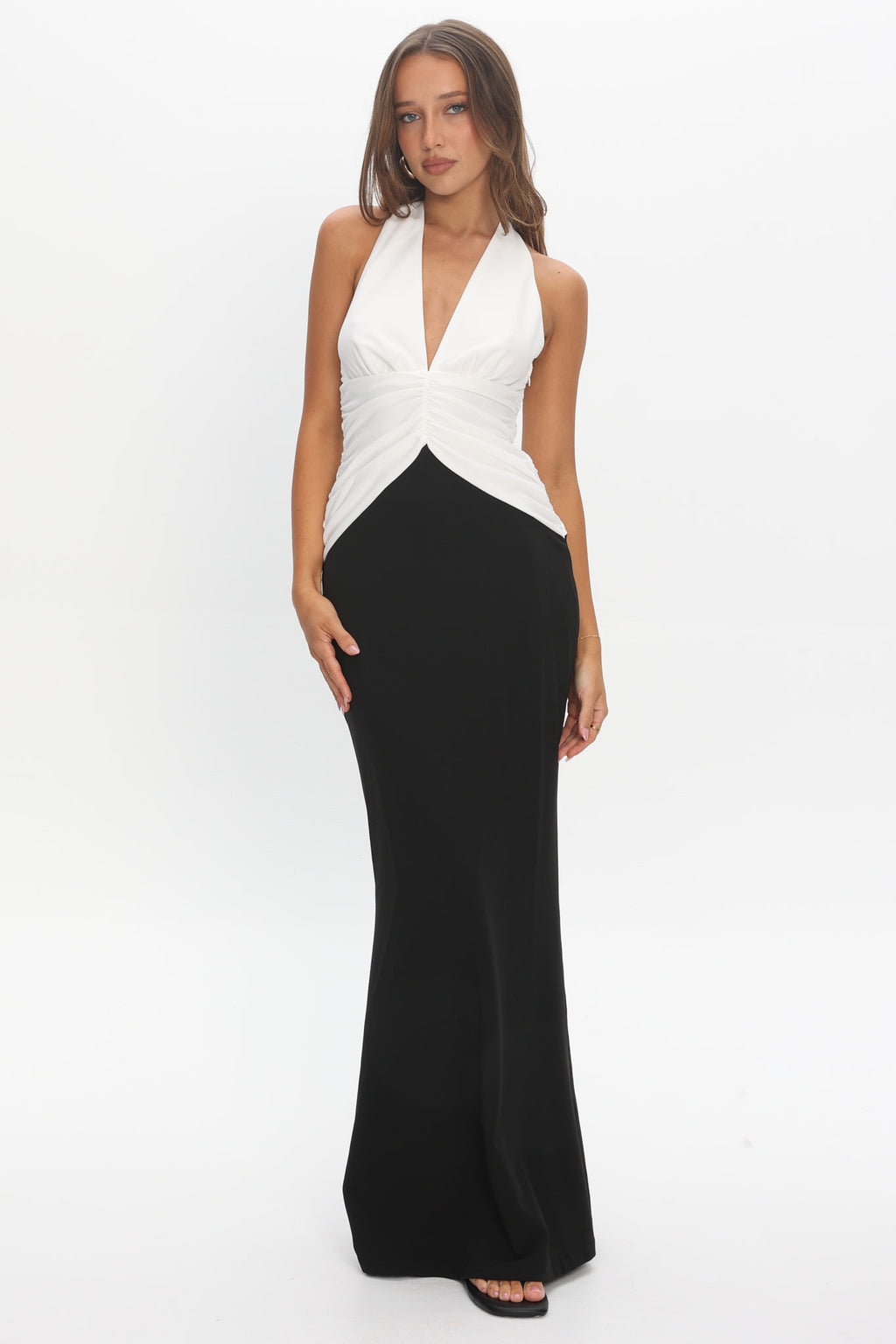 Lala Gathered Waist Maxi Dress White/Black by Selfie Leslie Australia
