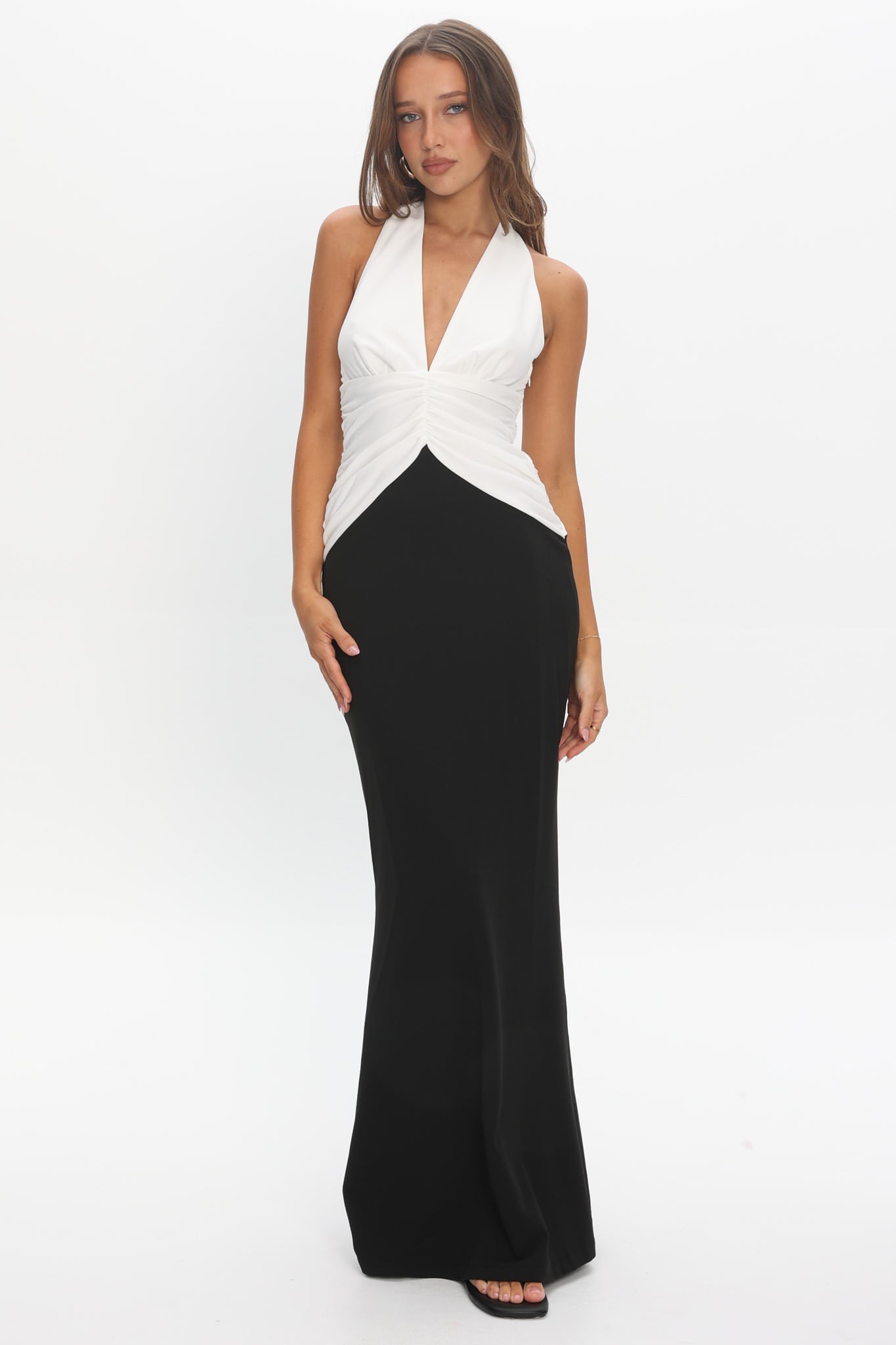 Lala Gathered Waist Maxi Dress White/Black by Selfie Leslie Australia