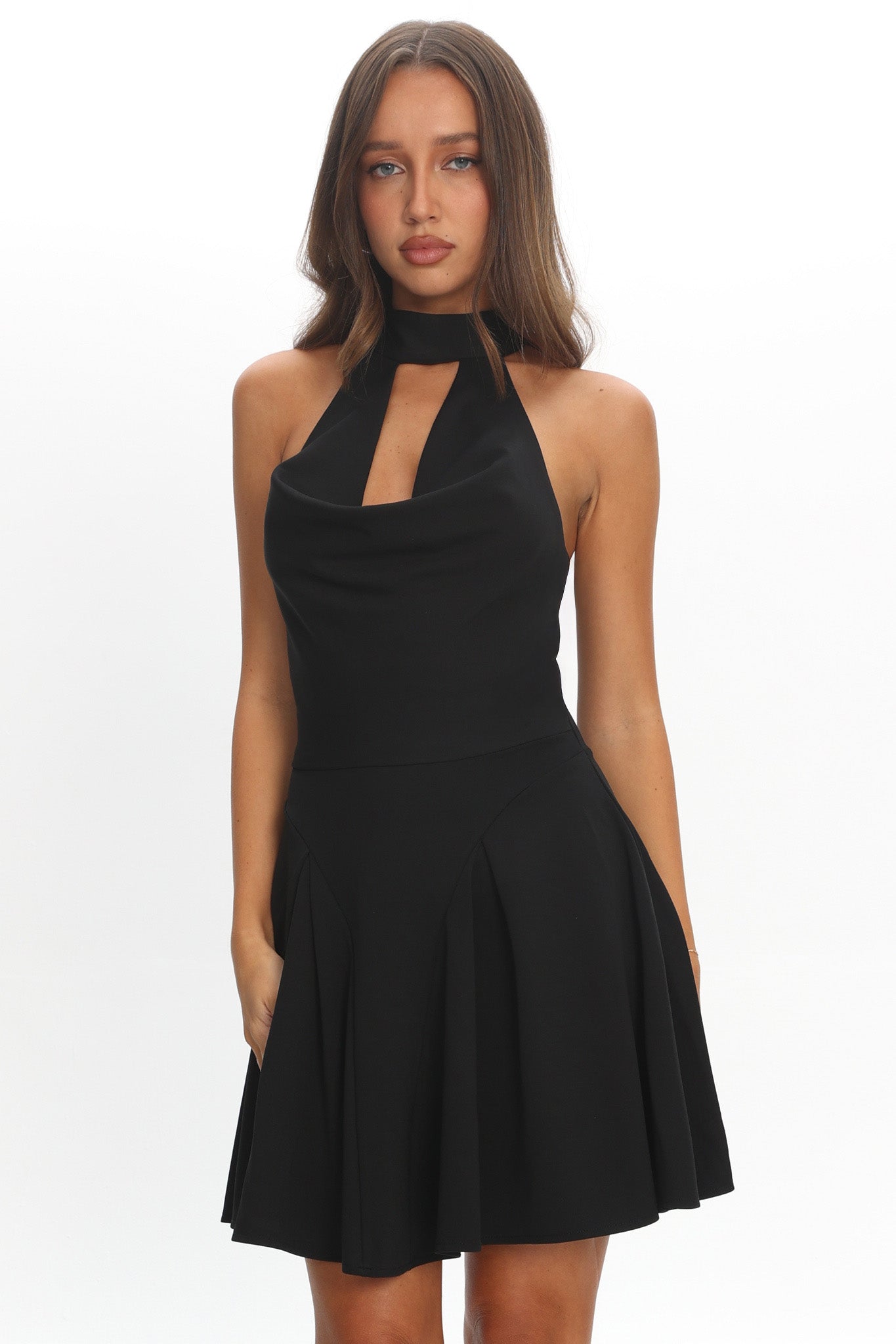 Charlene Cowl Halterneck Mini Dress Black by Selfie Leslie Australia