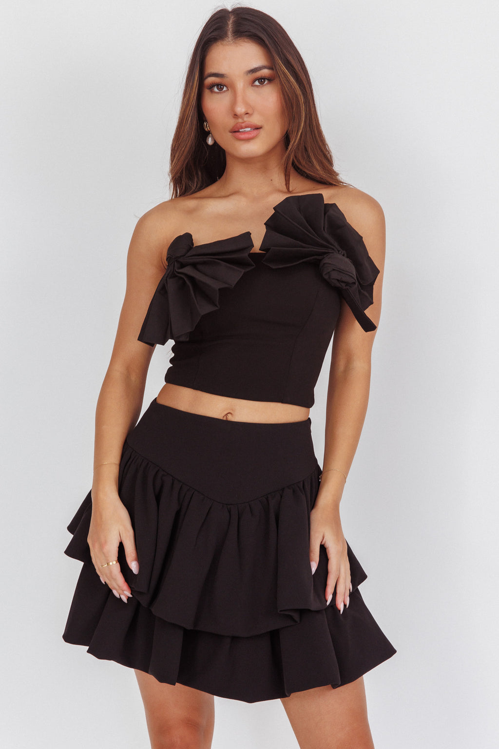 Deisi Concertina Layered Ruffle Mini Skirt Black by Selfie Leslie Australia