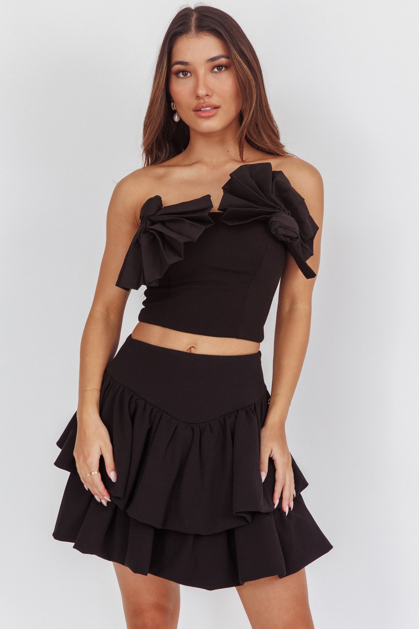 Deisi Concertina Layered Ruffle Mini Skirt Black by Selfie Leslie Australia