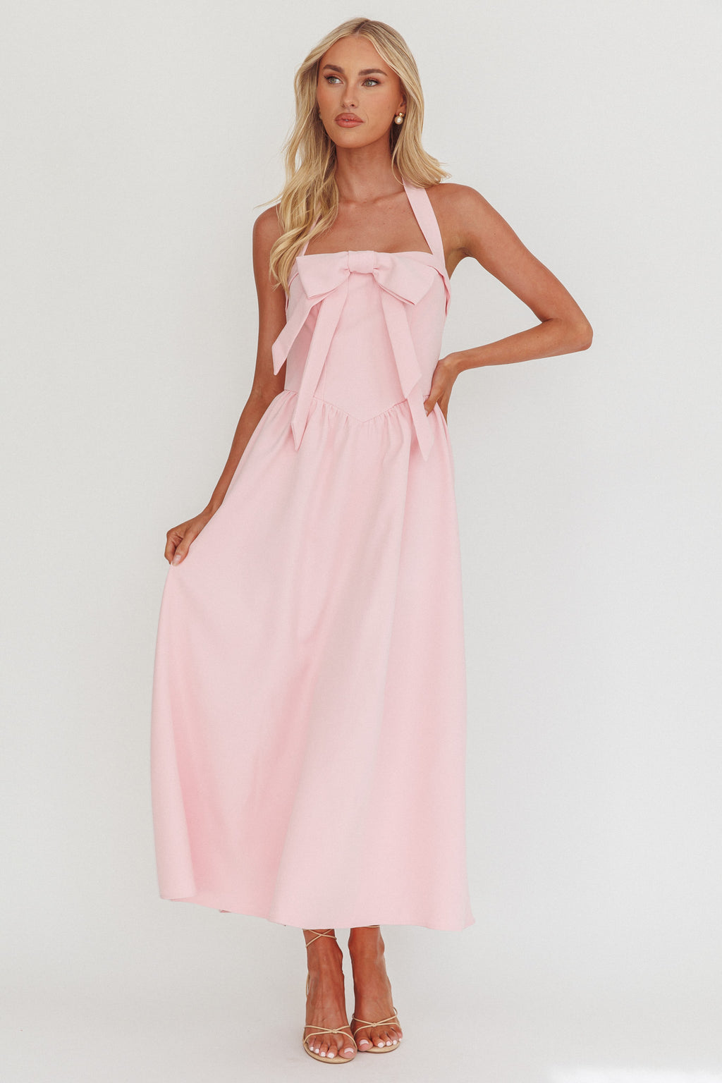 Ariarna Bow Halter Maxi Dress Pink Sorbet by Selfie Leslie Australia
