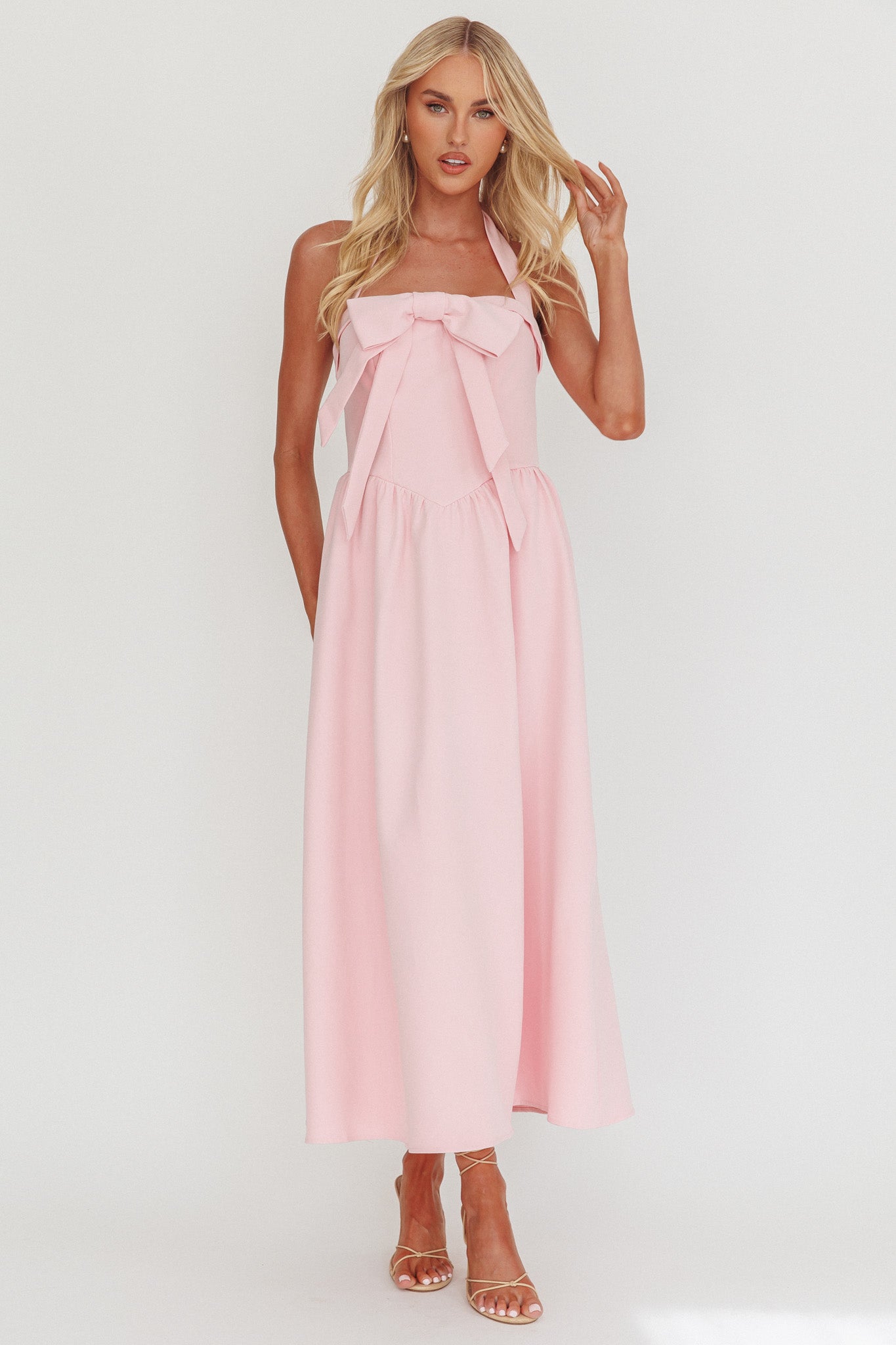 Ariarna Bow Halter Maxi Dress Pink Sorbet by Selfie Leslie Australia