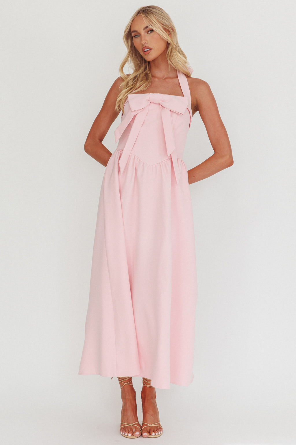 Ariarna Bow Halter Maxi Dress Pink Sorbet by Selfie Leslie Australia