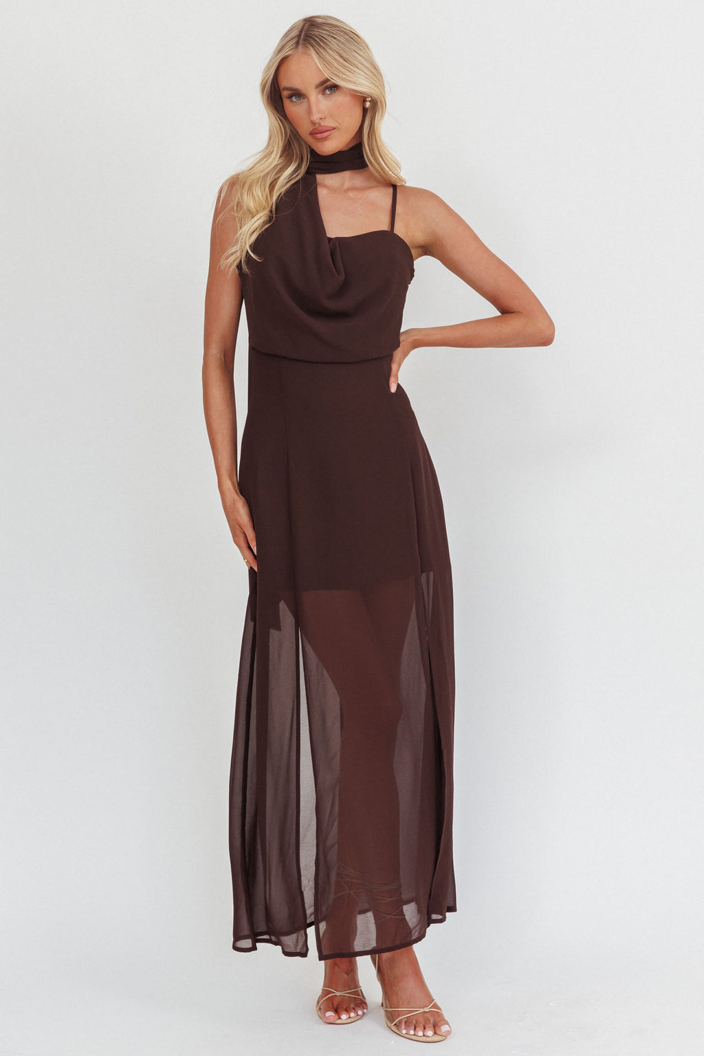 My Paradise Neck Scark Maxi Dress Chocolate by Selfie Leslie Australia