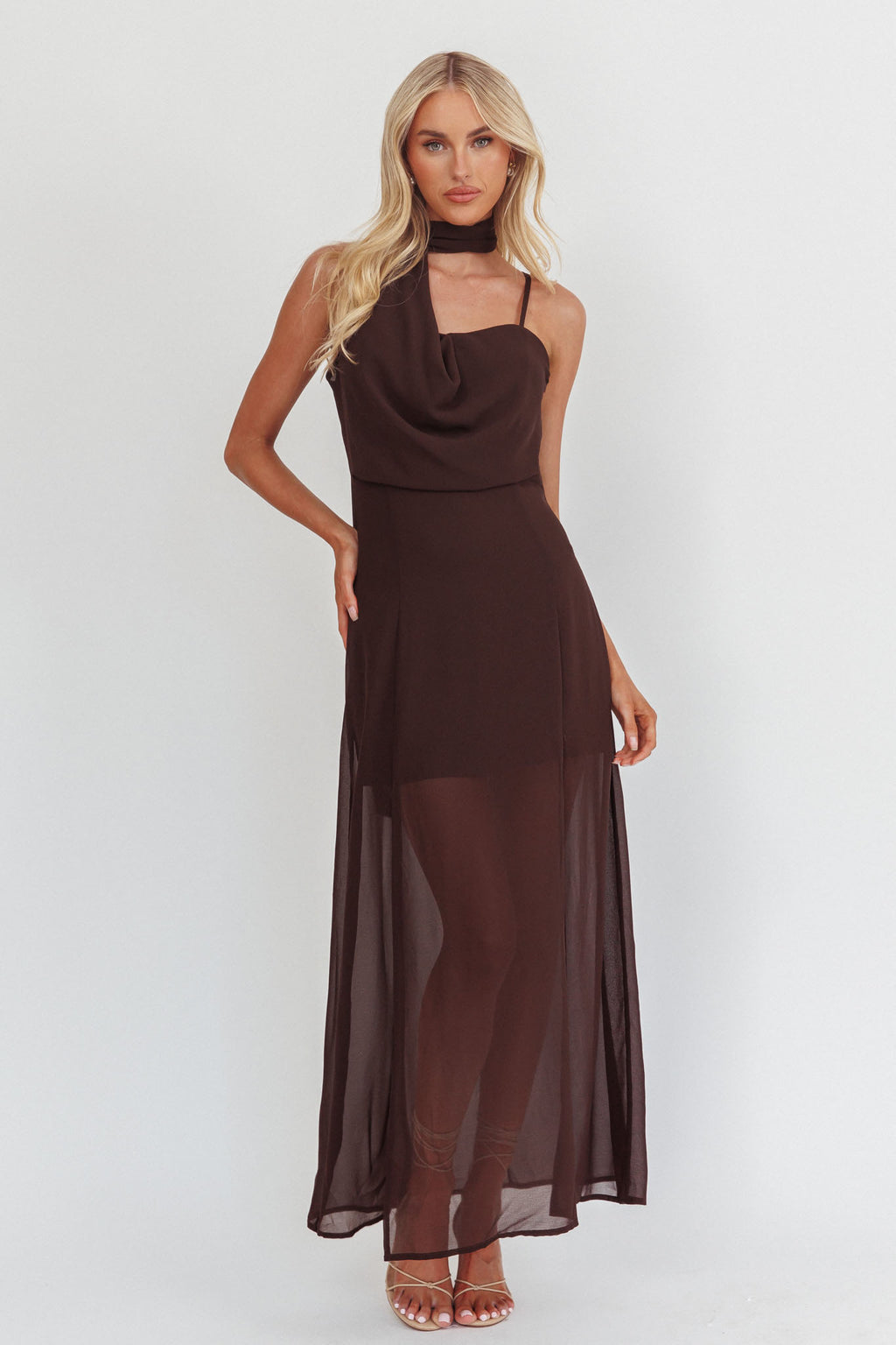 My Paradise Neck Scark Maxi Dress Chocolate by Selfie Leslie Australia