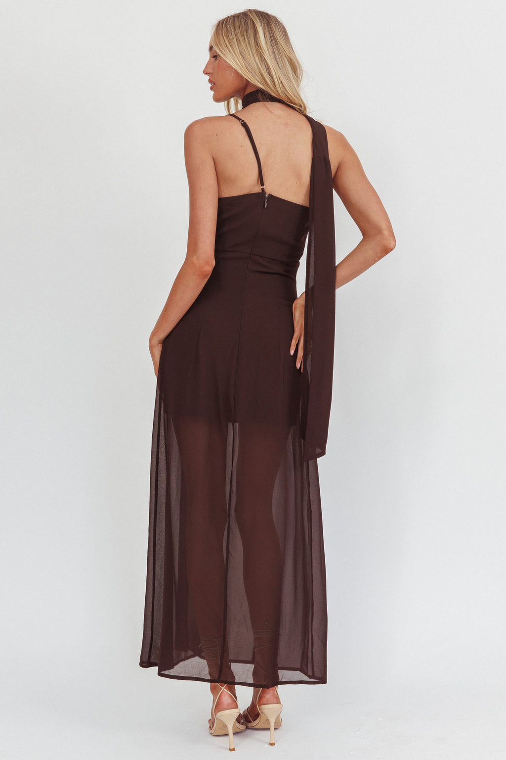 My Paradise Neck Scark Maxi Dress Chocolate by Selfie Leslie Australia