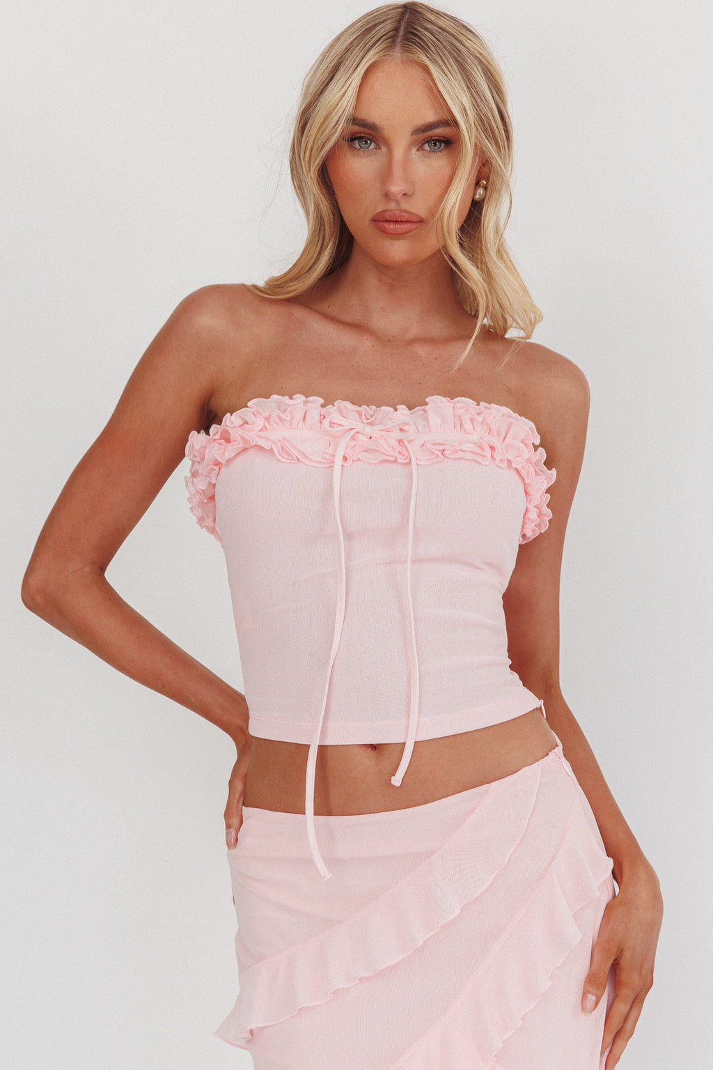 Frosted Sugar Frill Strapless Top Pink by Selfie Leslie Australia