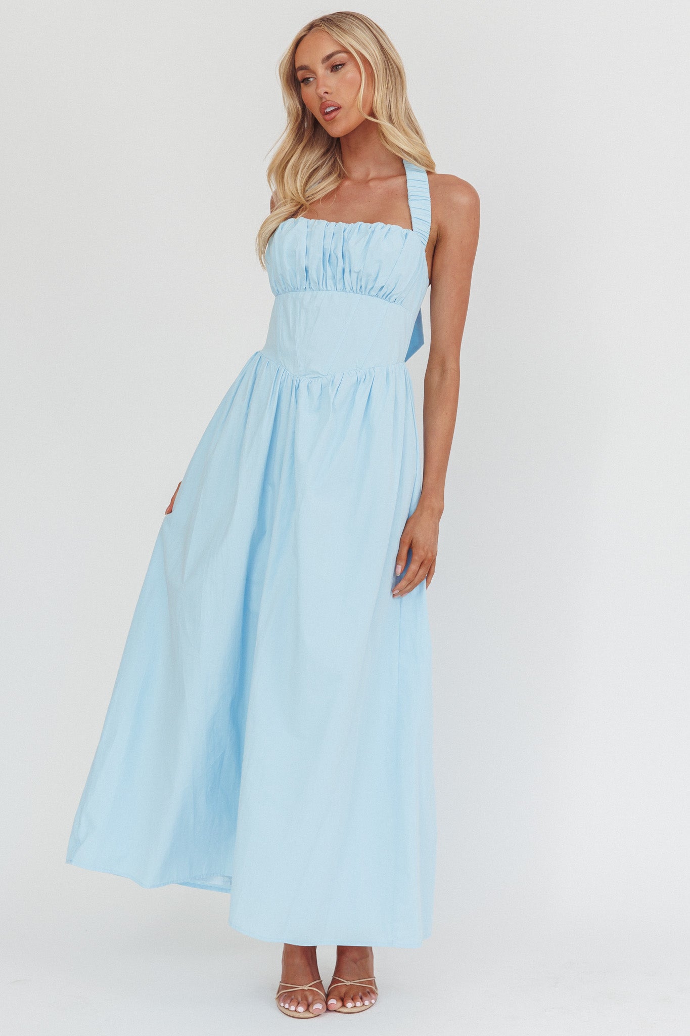 Irisa Elasticated Halter Maxi Dress Ice Blue by Selfie Leslie Australia