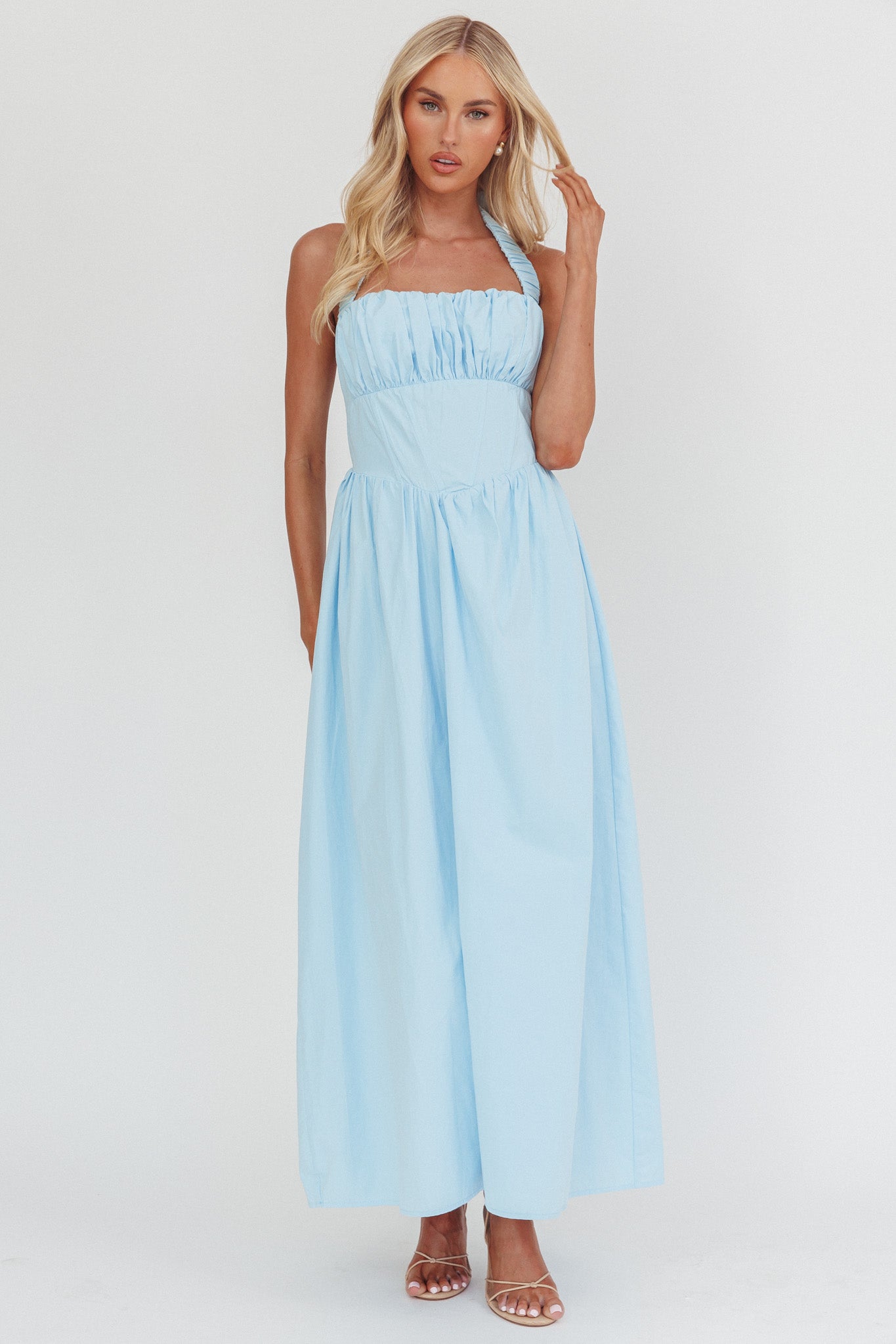 Irisa Elasticated Halter Maxi Dress Ice Blue by Selfie Leslie Australia