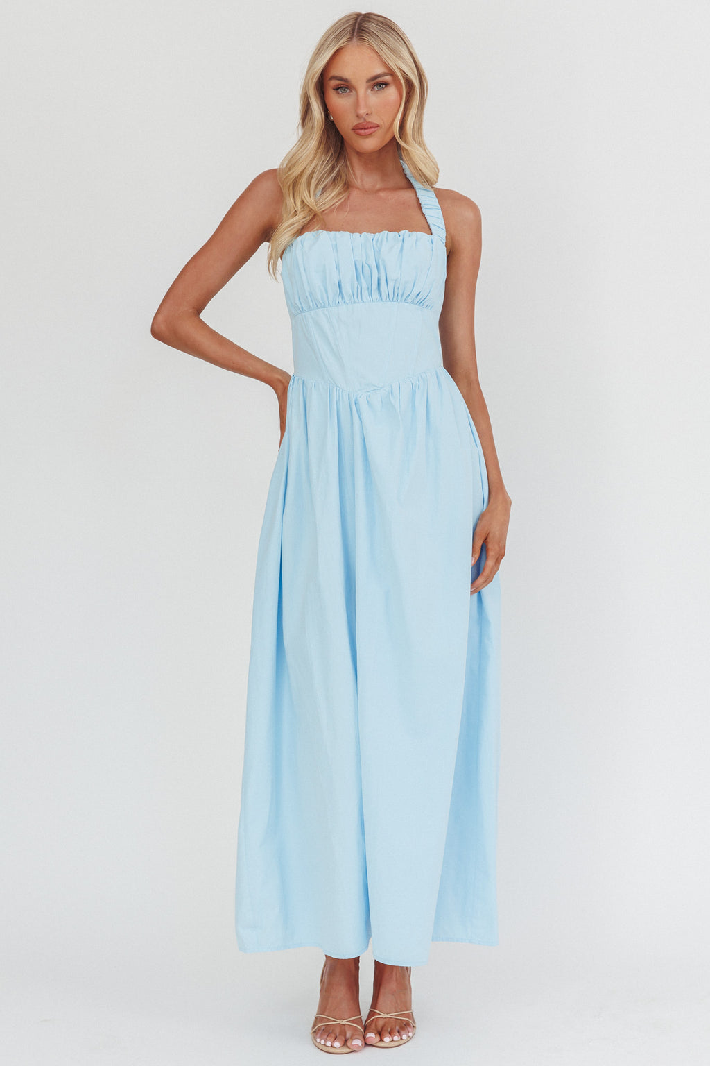 Irisa Elasticated Halter Maxi Dress Ice Blue by Selfie Leslie Australia