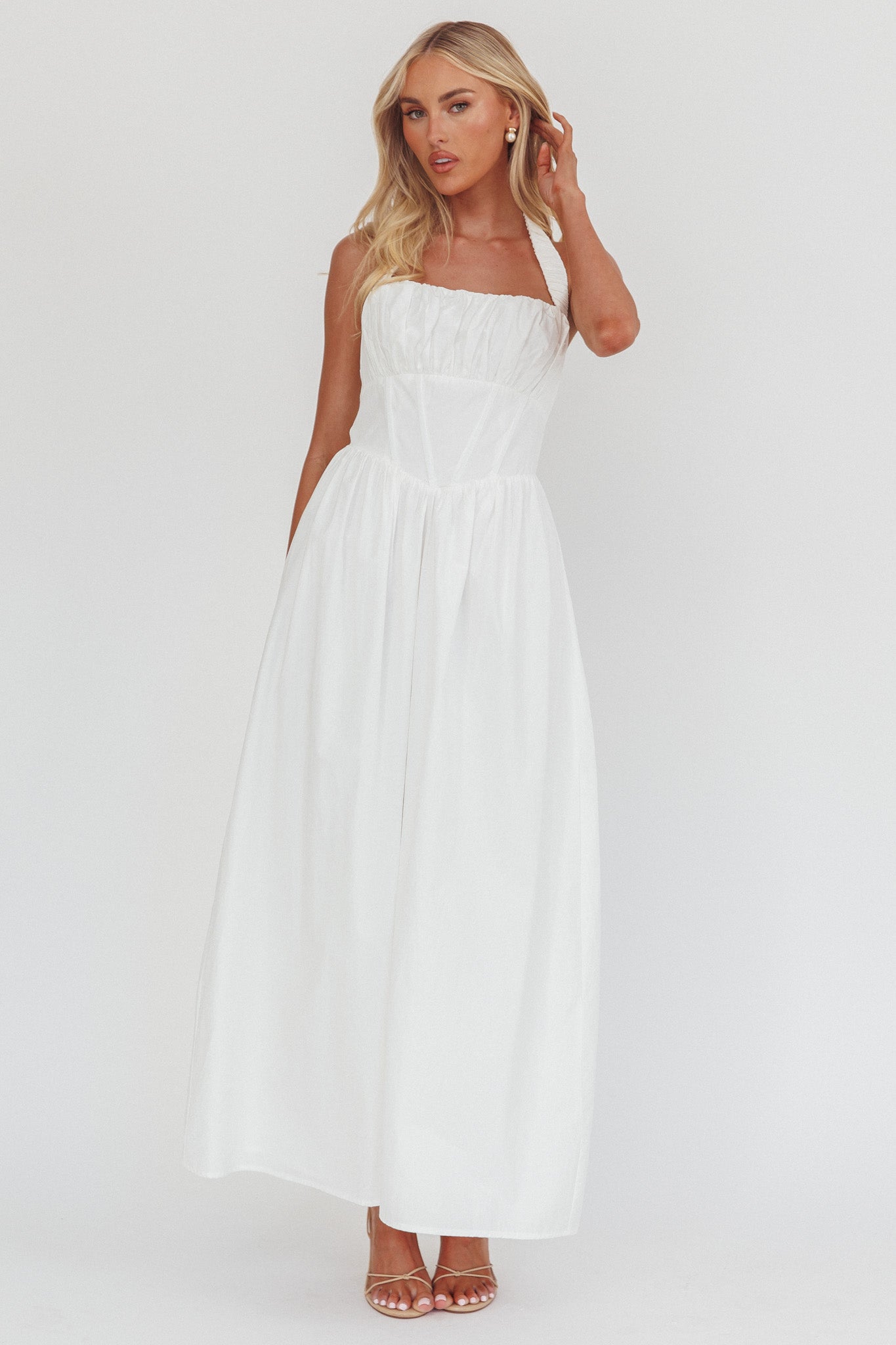 Irisa Elasticated Halter Maxi Dress White by Selfie Leslie Australia
