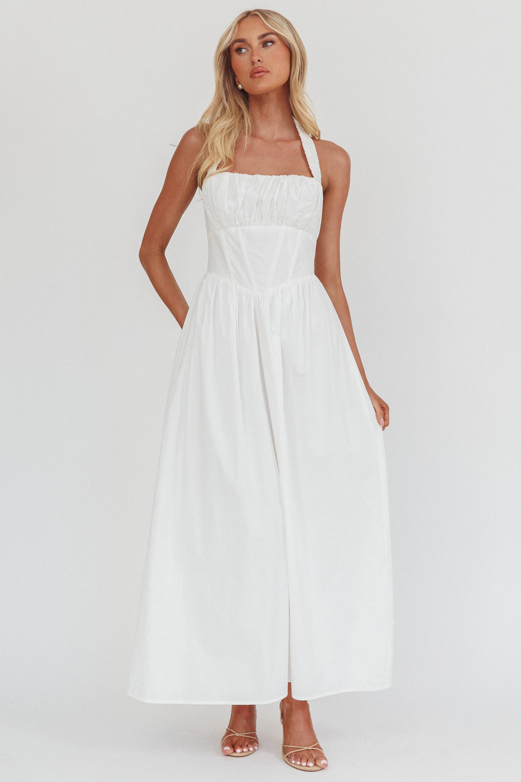 Irisa Elasticated Halter Maxi Dress White by Selfie Leslie Australia