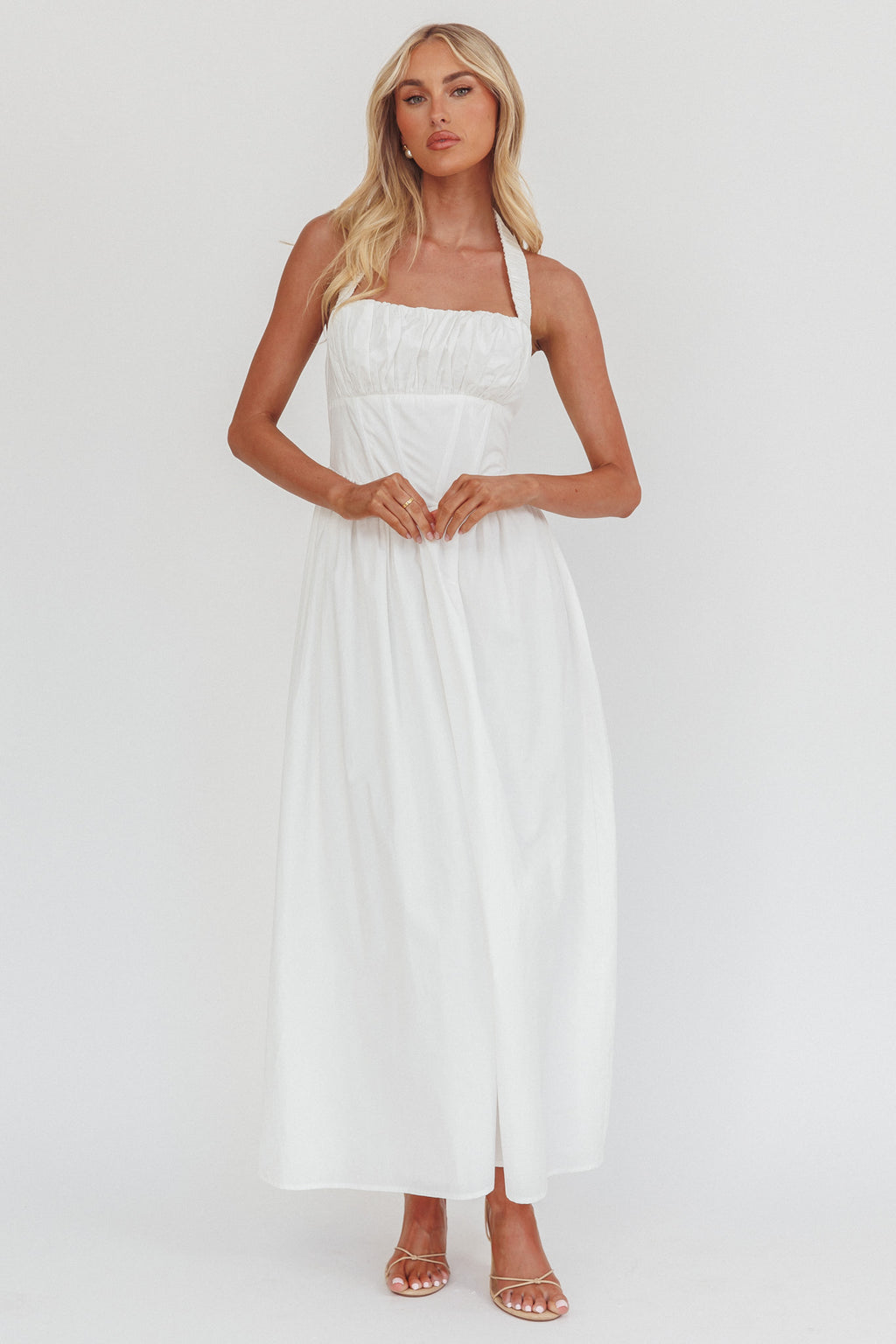 Irisa Elasticated Halter Maxi Dress White by Selfie Leslie Australia